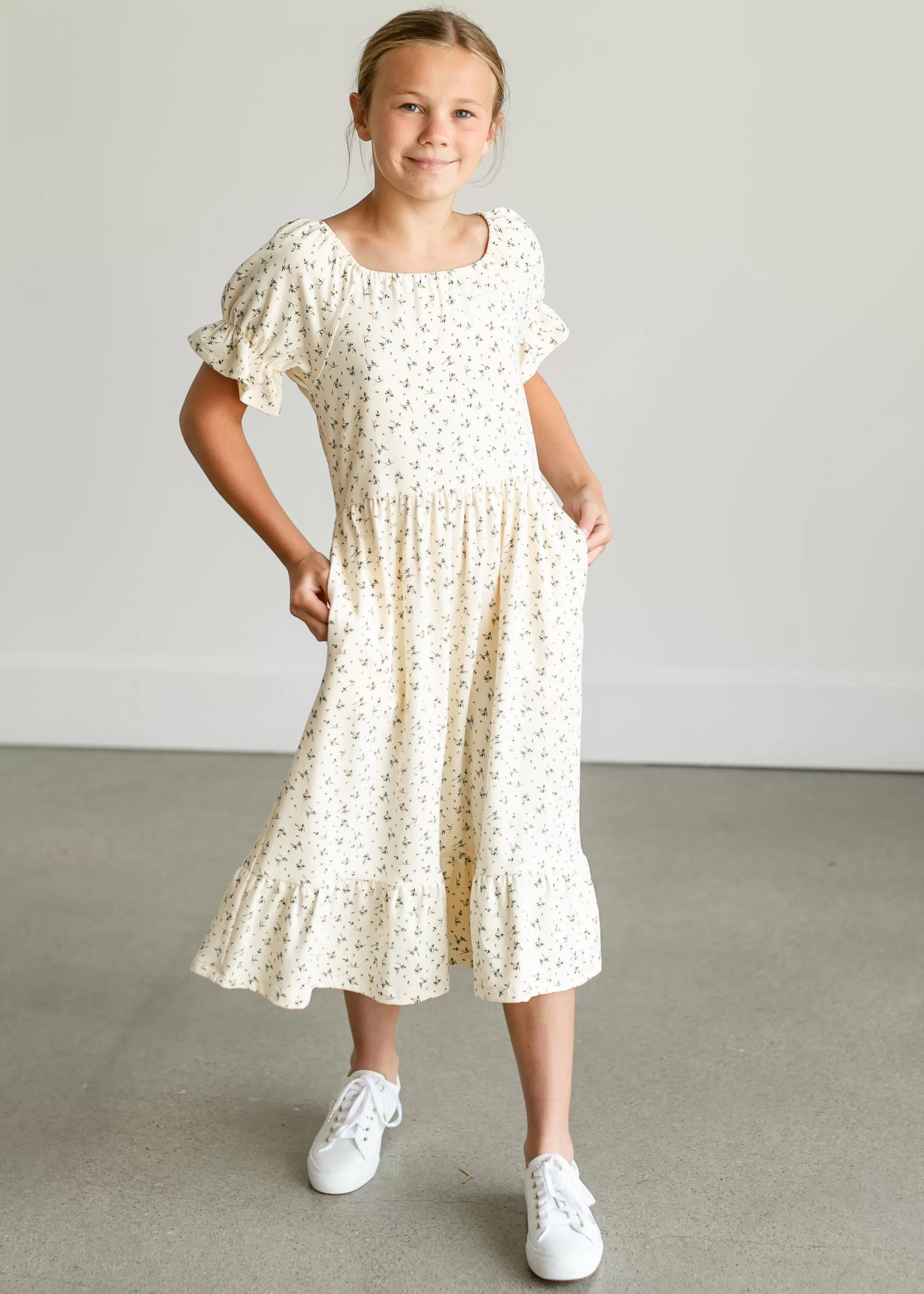 * Girl's Aubriel Floral Puff Sleeve Midi Dress Shop