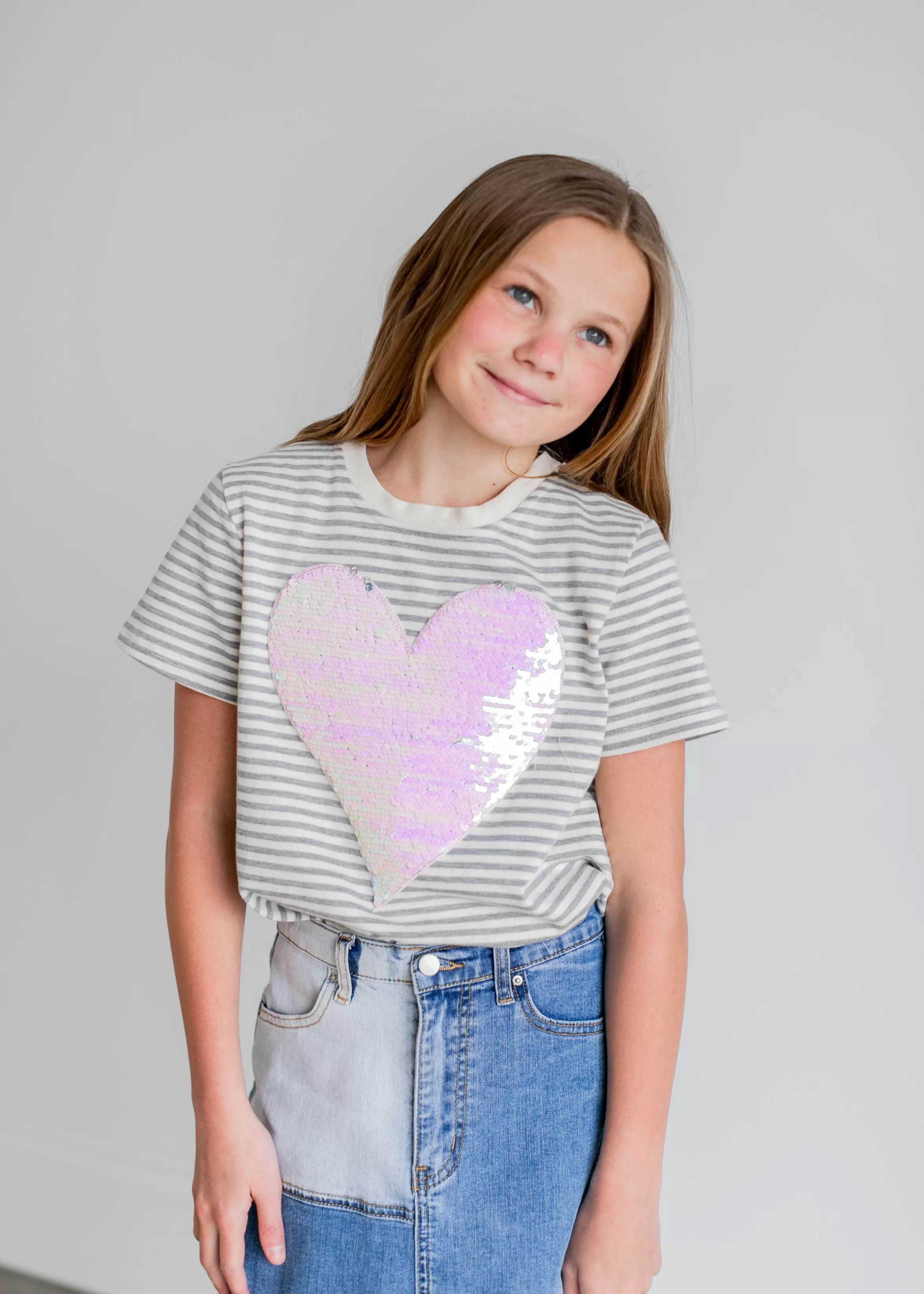 Hayden Girls Gray Striped Sequined Heart Tee Best Sale