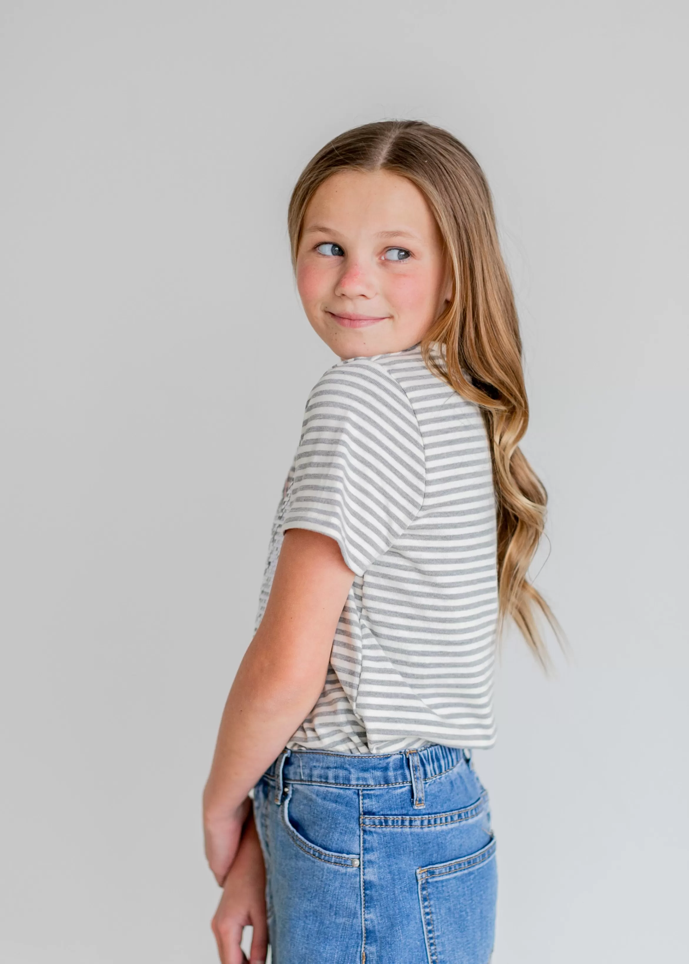 Hayden Girls Gray Striped Sequined Heart Tee Best Sale