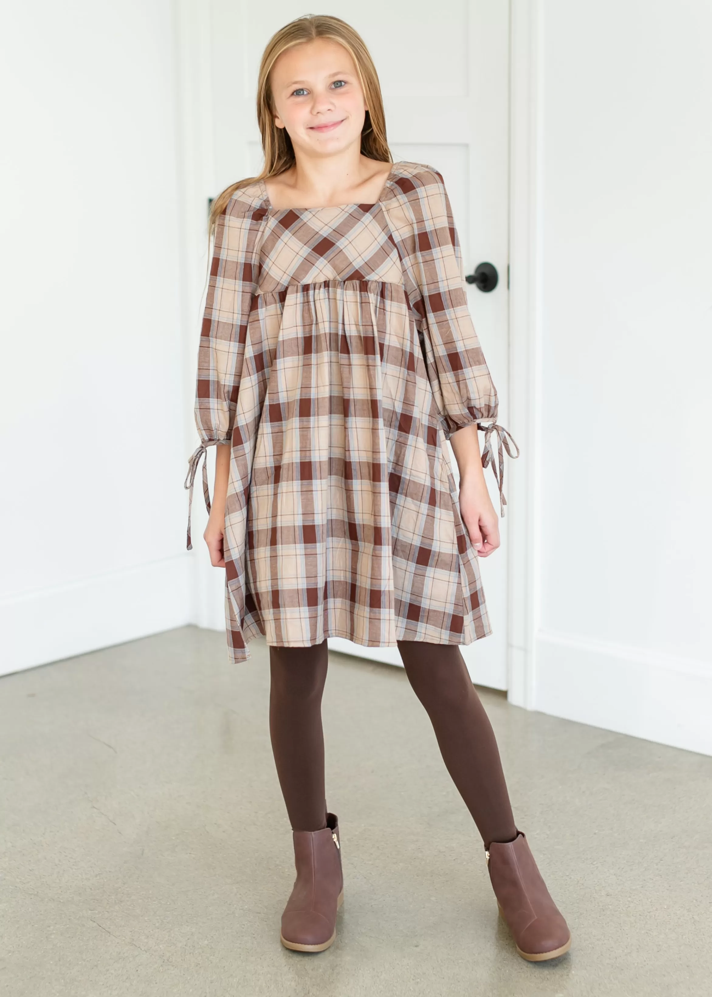 Hayden Girl's Plaid Square Neck Midi Dress New
