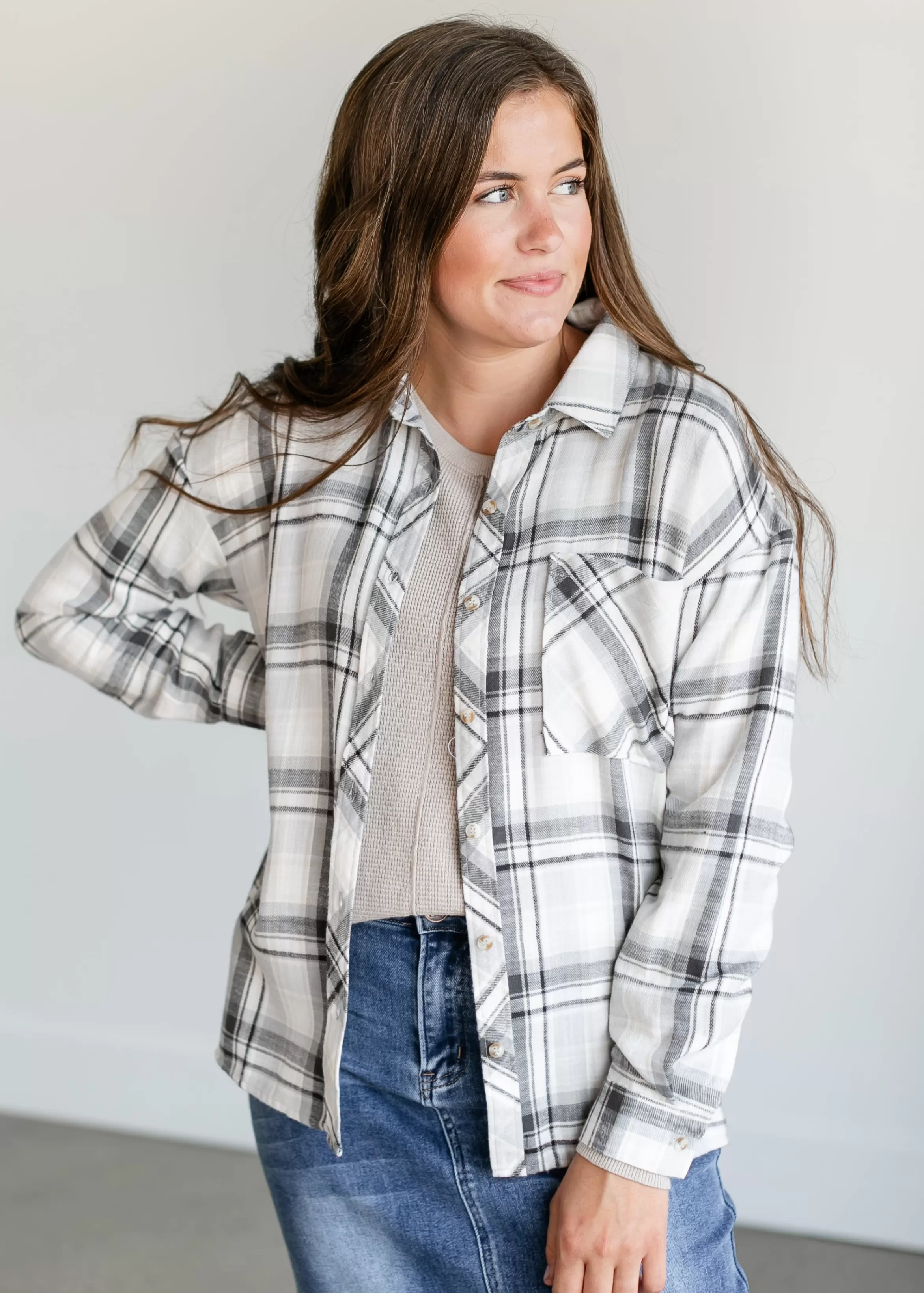 Be Cool Gray Plaid Button Up Top Cheap