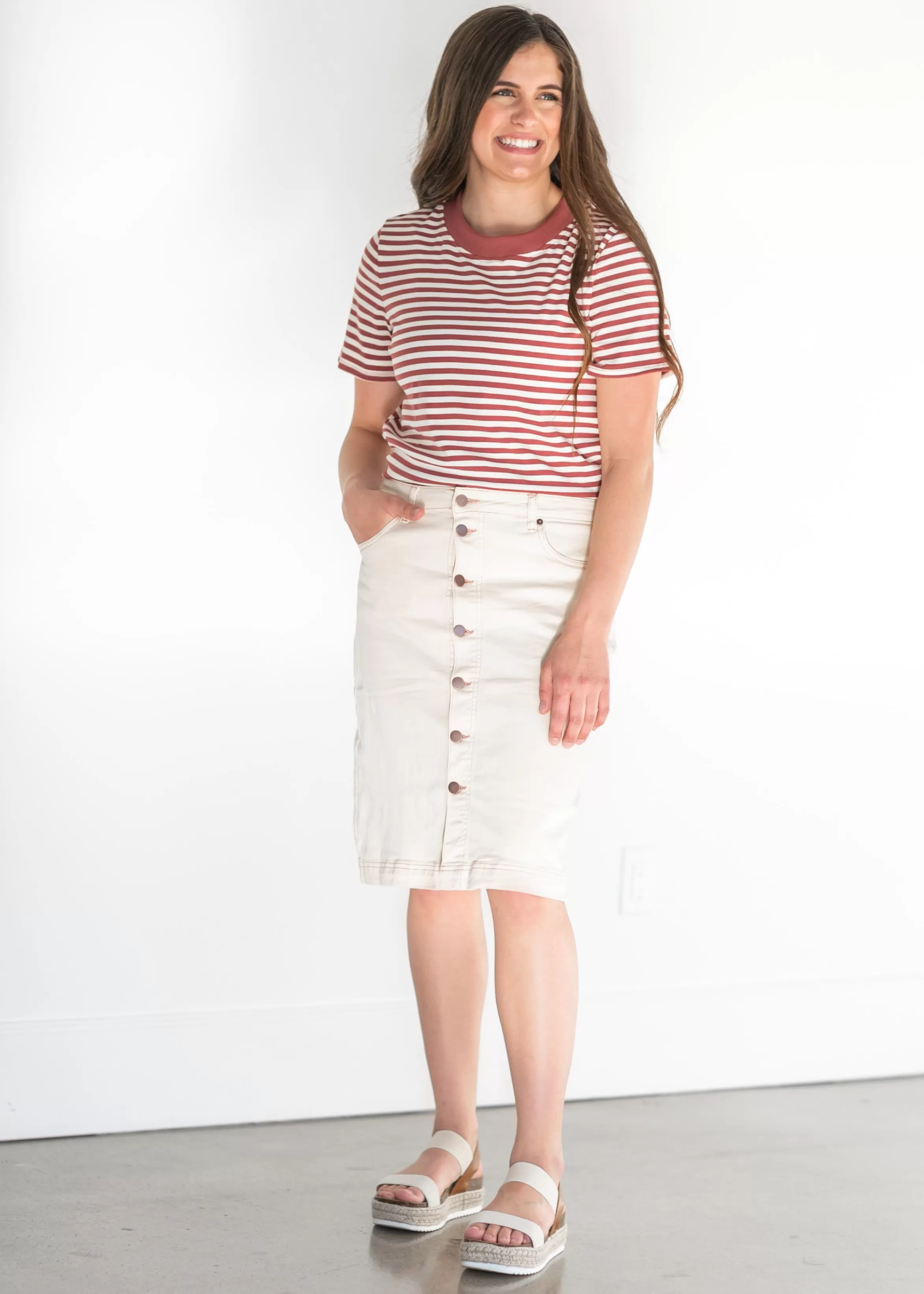 Paper Crane Ivory Front Button Denim Midi Skirt Outlet