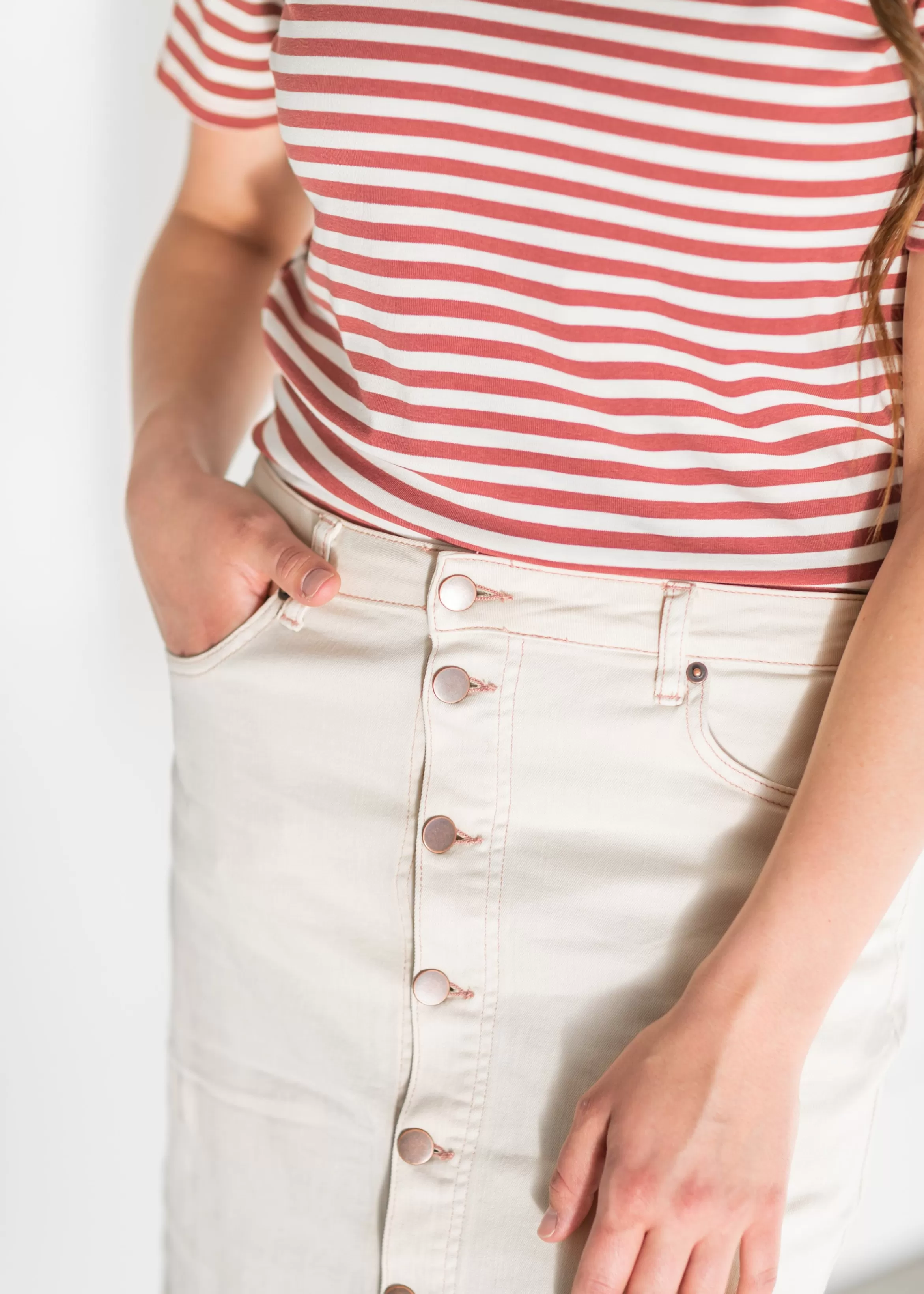 Paper Crane Ivory Front Button Denim Midi Skirt Outlet