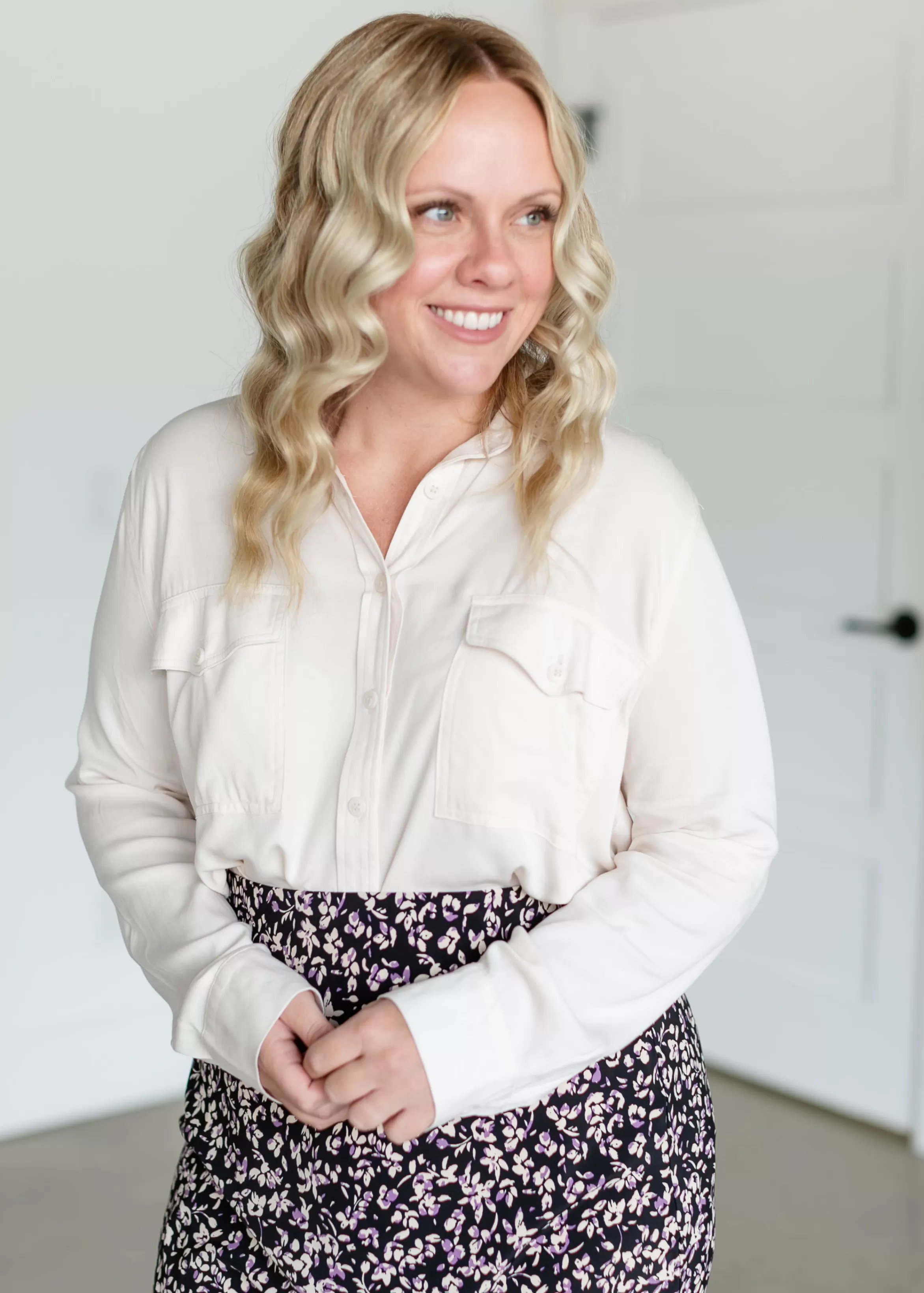 Be Cool Ivory Long Sleeve Button Up Top Clearance