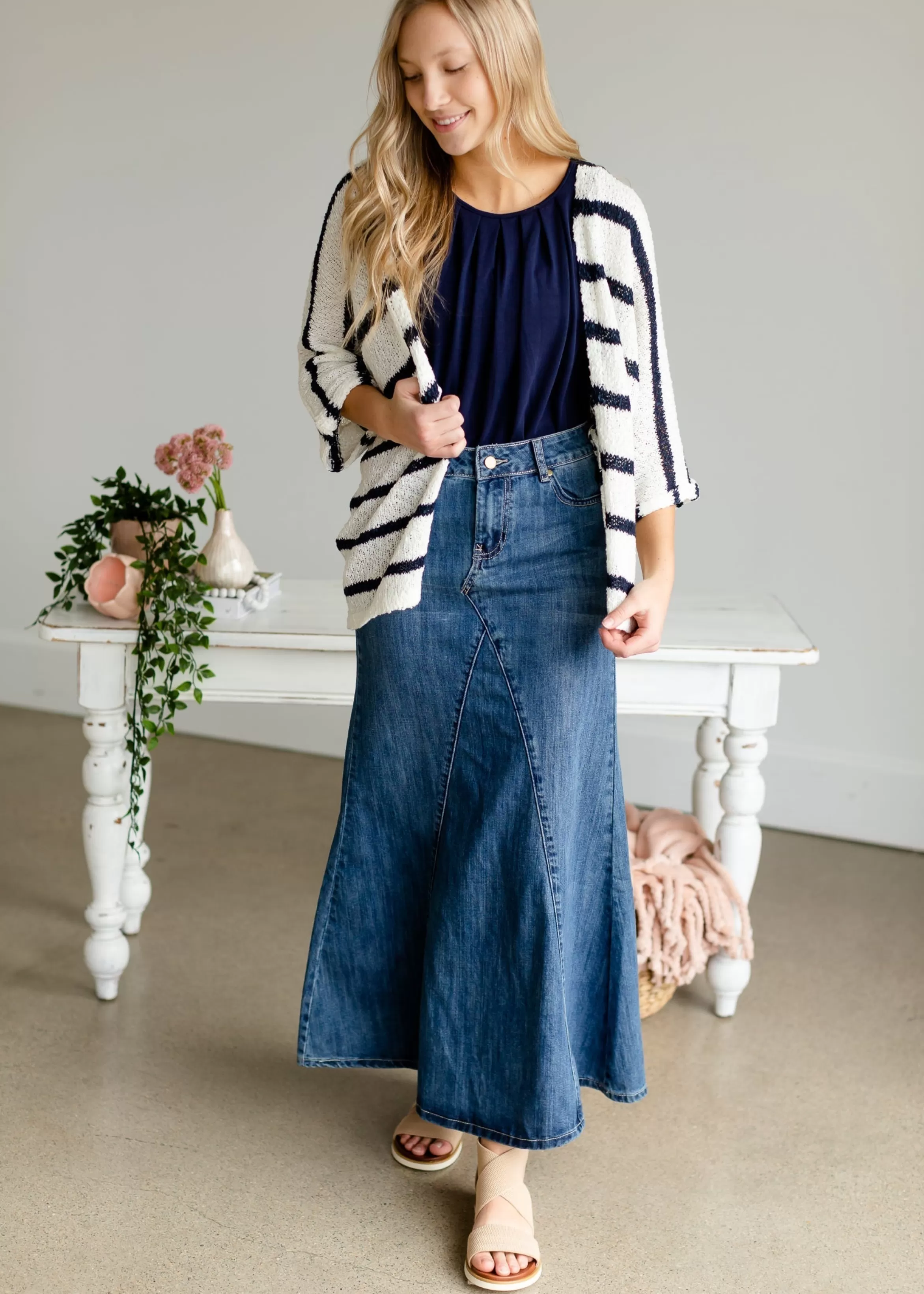 * Jennifer A-Line Long Denim Skirt Cheap