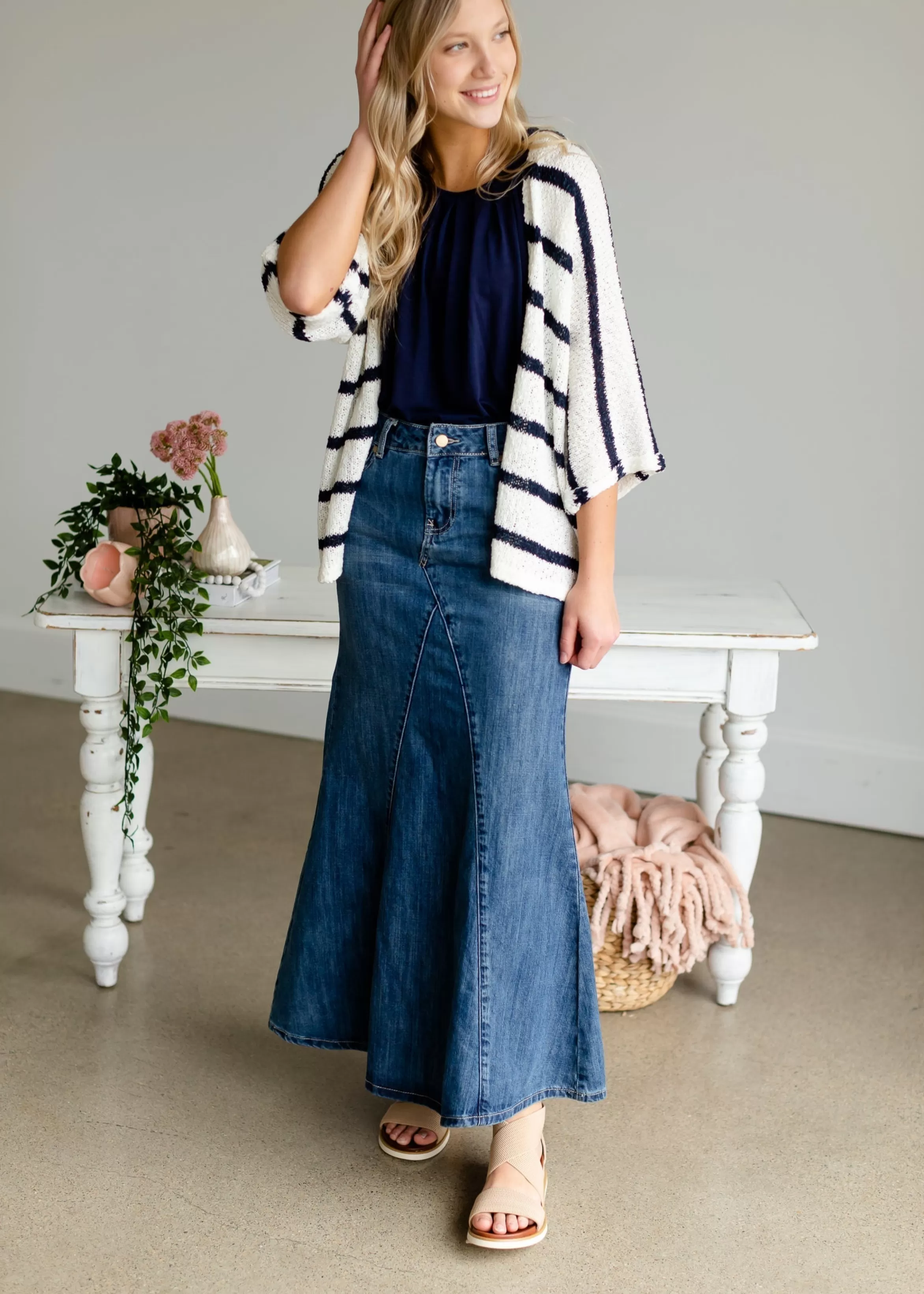 * Jennifer A-Line Long Denim Skirt Cheap