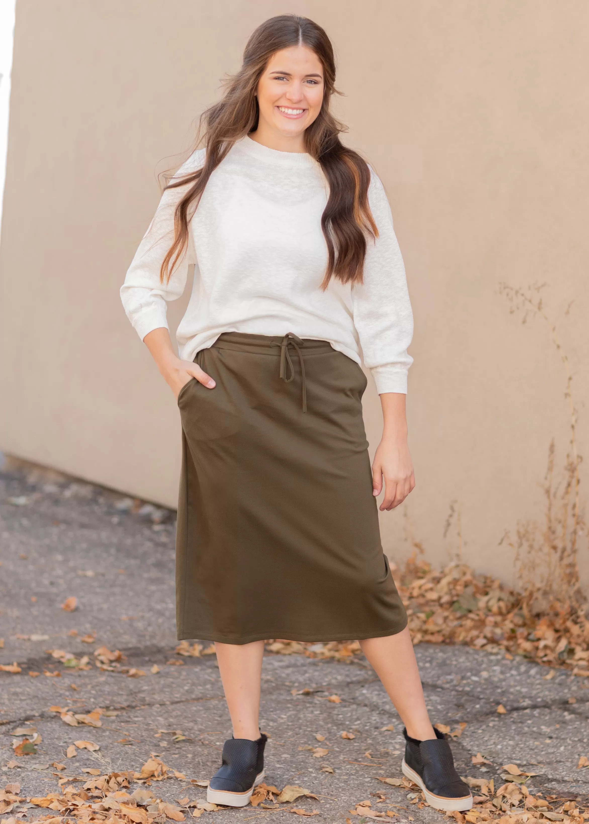 * Jordan Olive Knit Midi Skirt Shop