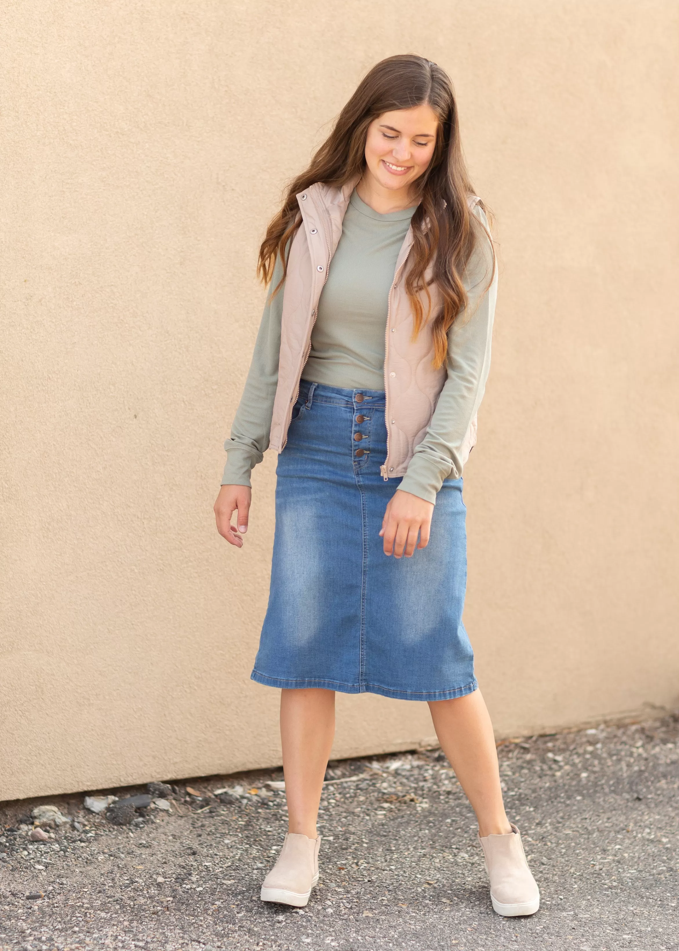* Josie Vintage Wash Button Front Midi Denim Skirt Discount