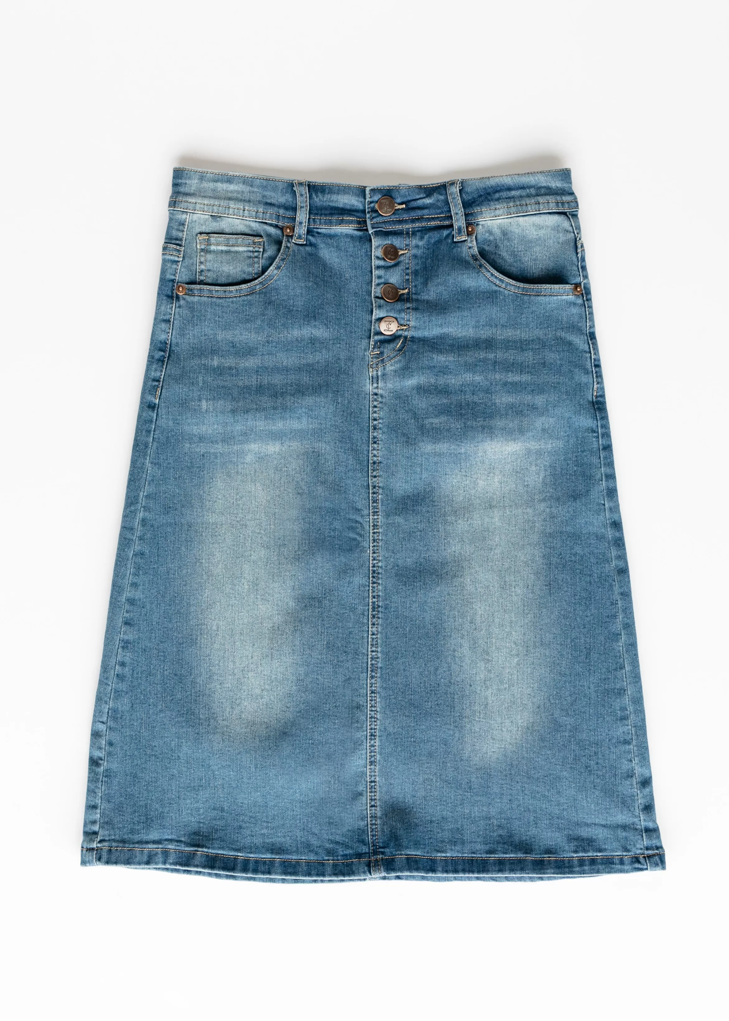 * Josie Vintage Wash Button Front Midi Denim Skirt Discount