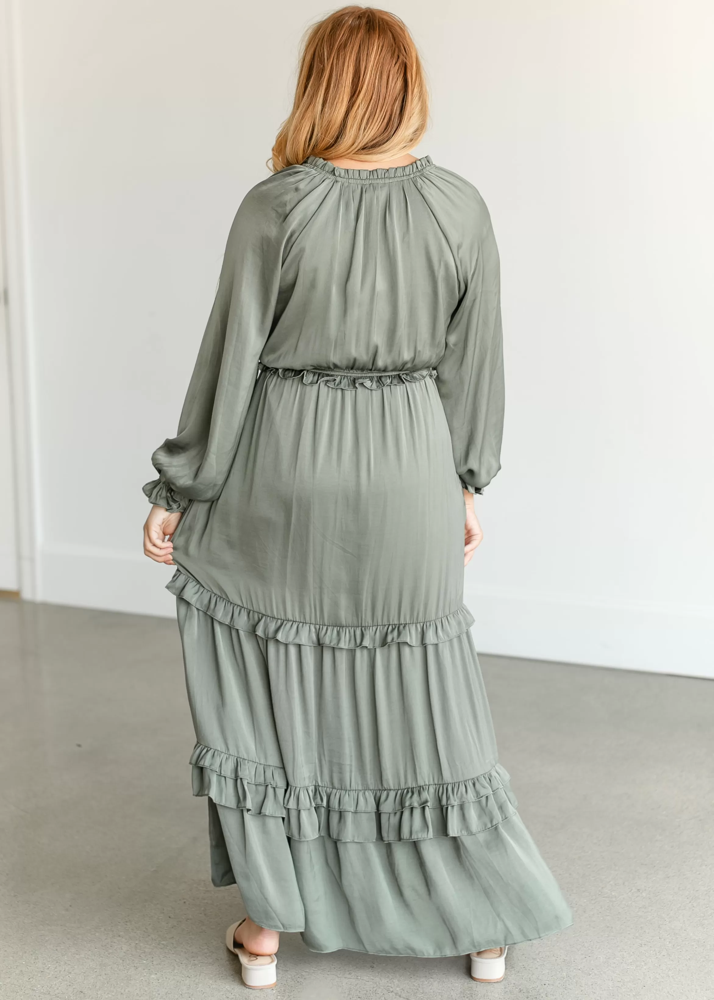 Tea N Rose Long Sleeve V-Neck Satin Maxi Dress Clearance