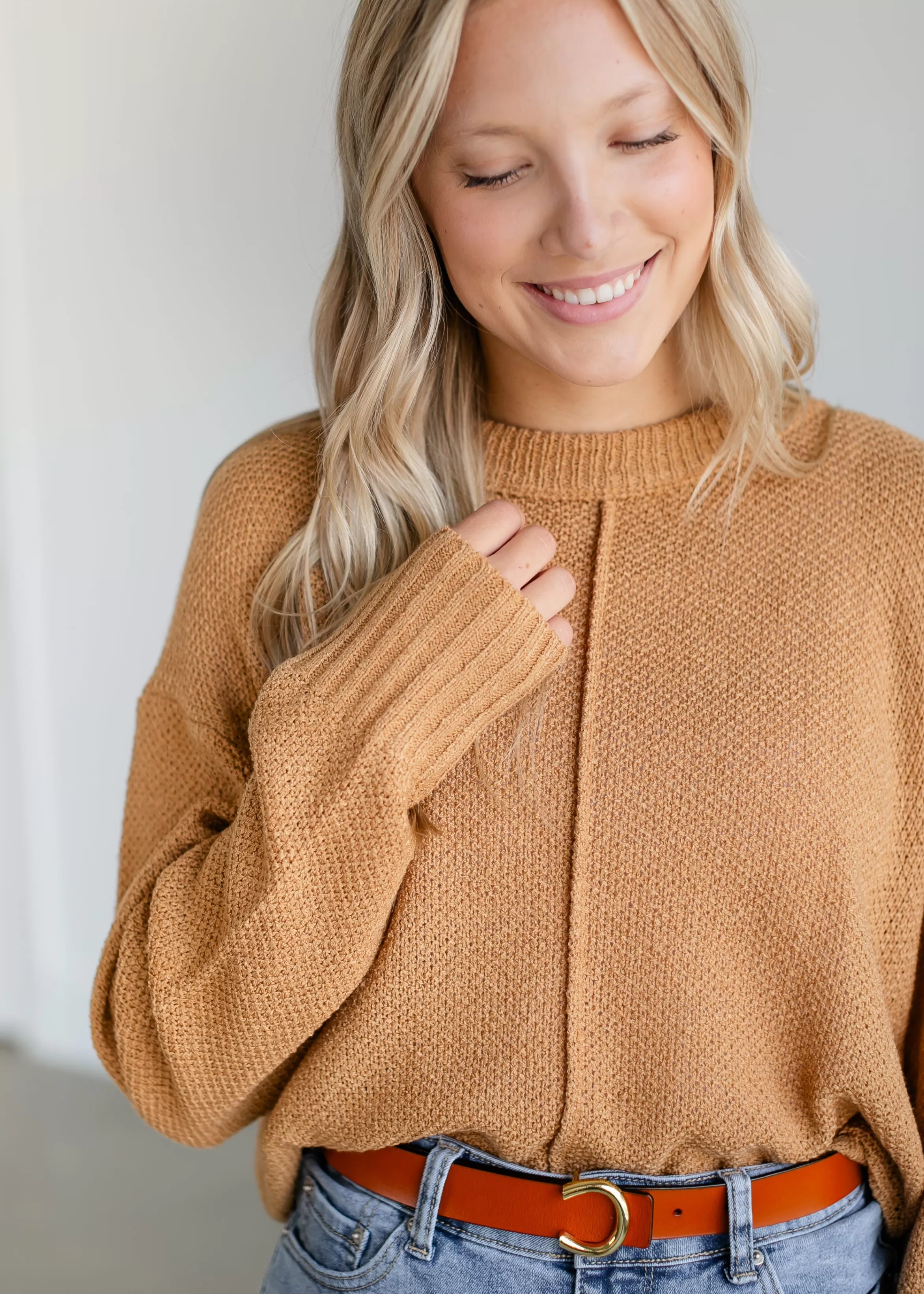 Be Cool Loose Knit Camel Crewneck Sweater Online