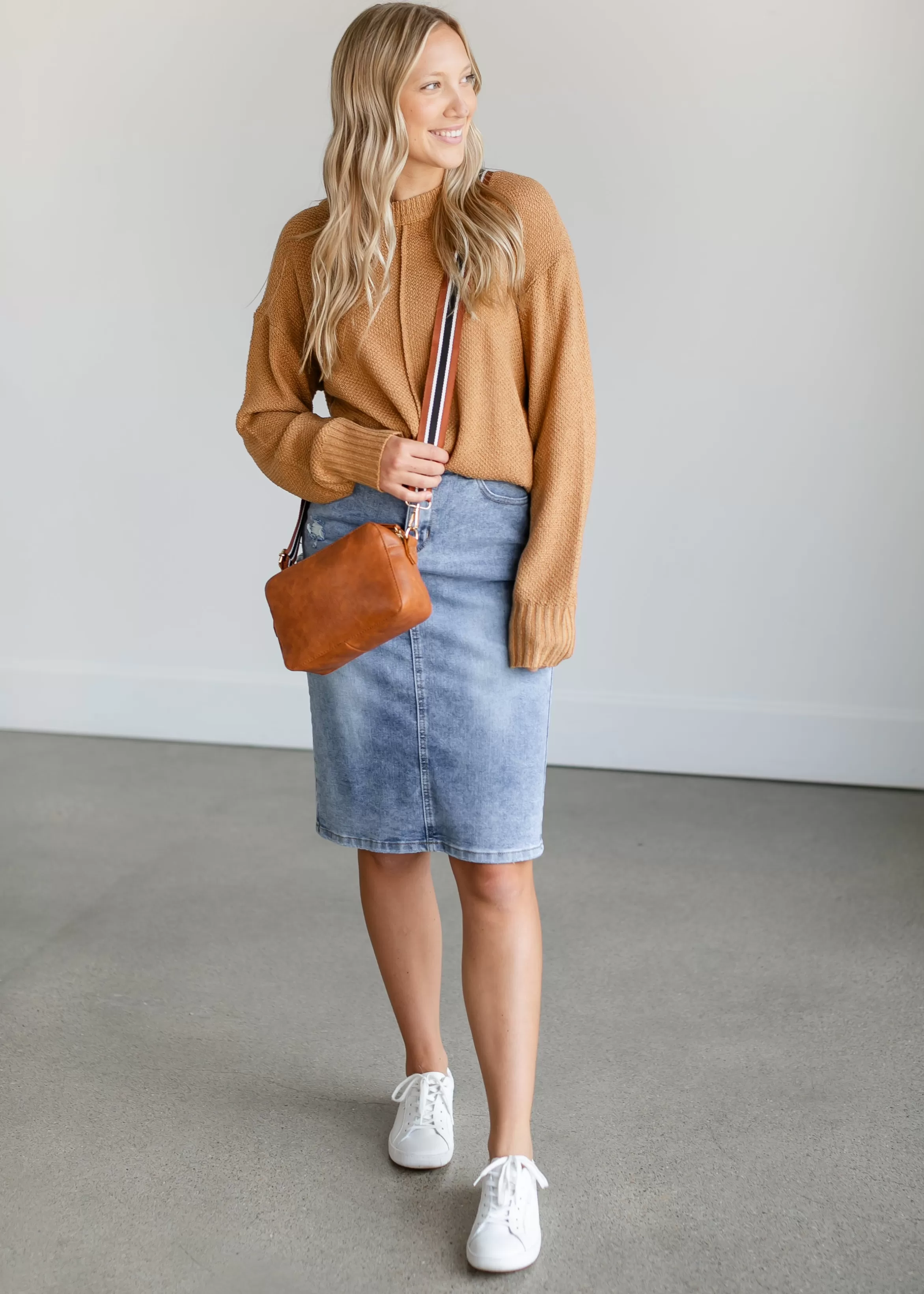 Be Cool Loose Knit Camel Crewneck Sweater Online