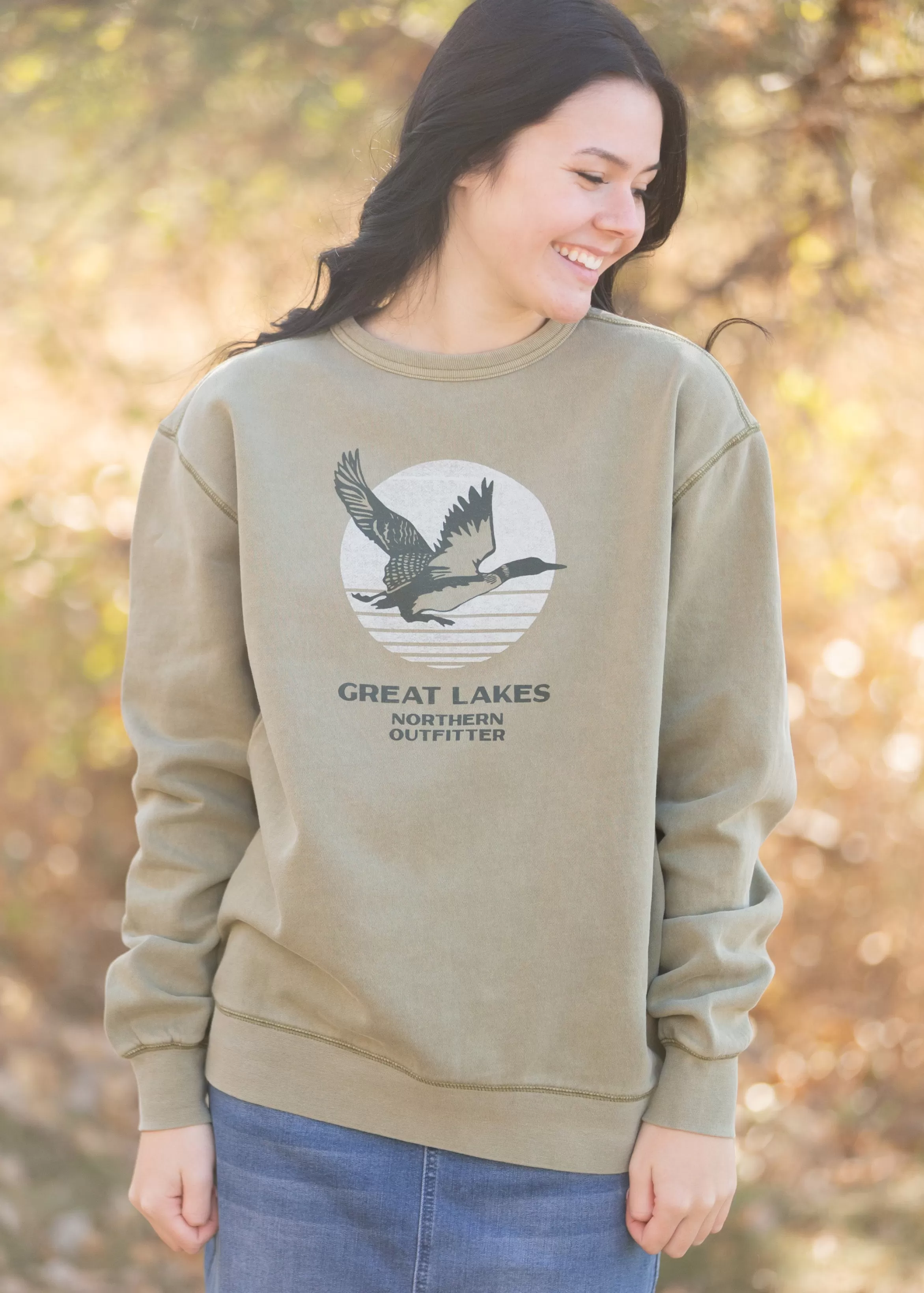 Great Lakes Moss Horizon Long Sleeve Crewneck Sweatshirt Green Hot