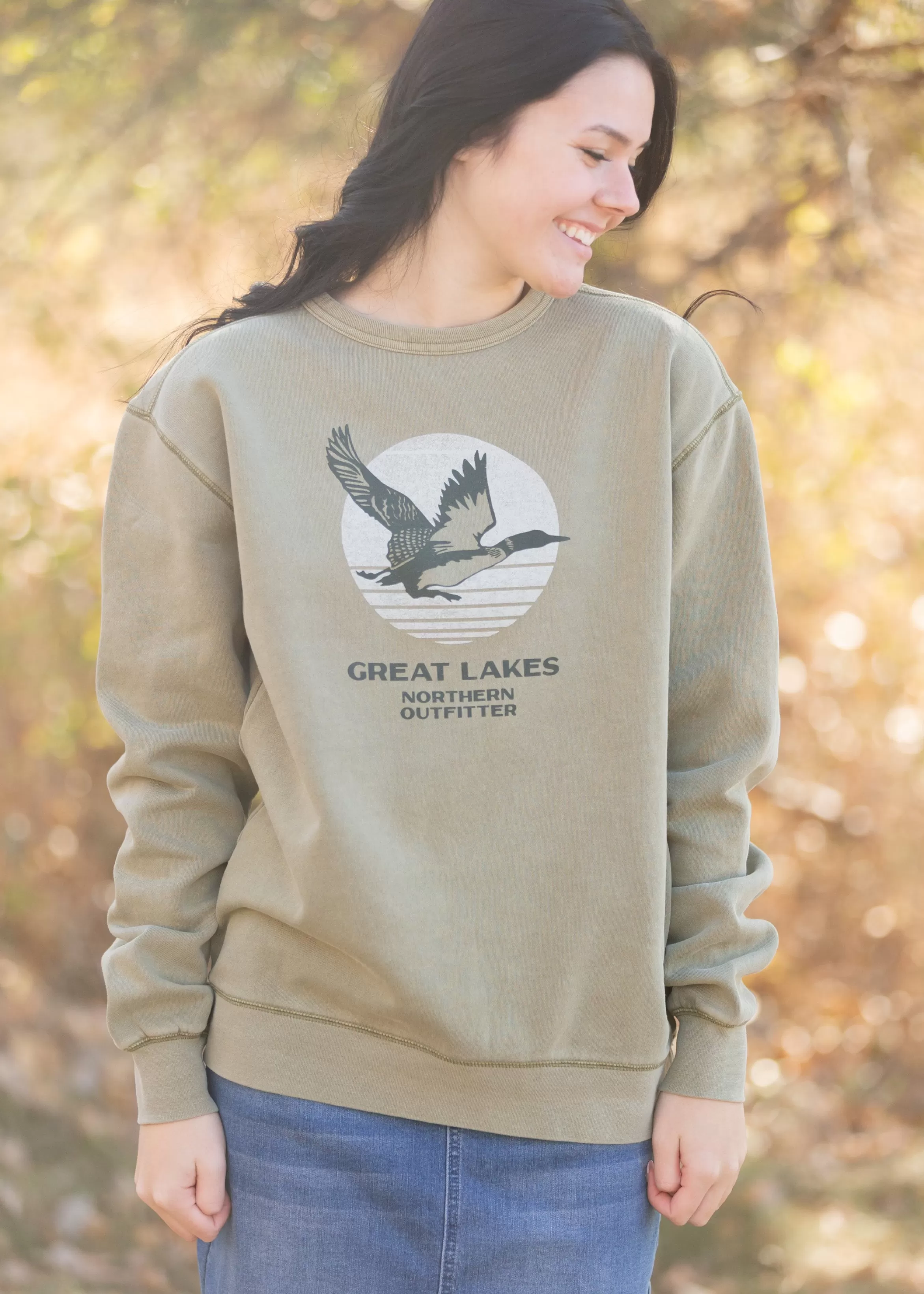 Great Lakes Moss Horizon Long Sleeve Crewneck Sweatshirt Green Hot