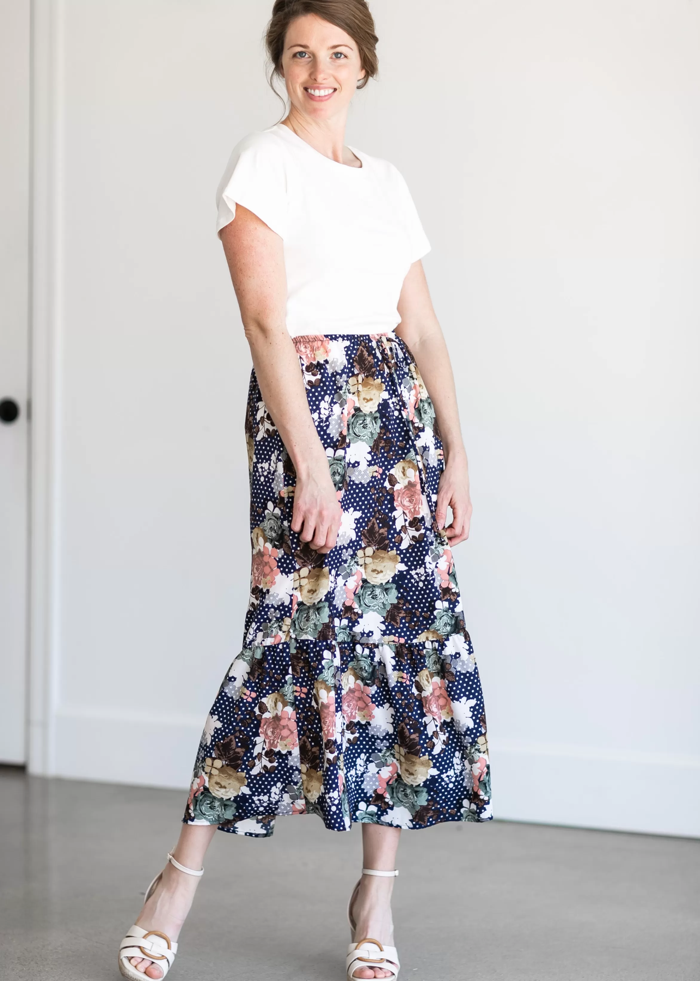 Chris & Carol Apparel Navy Floral And Dot Midi Skirt Store