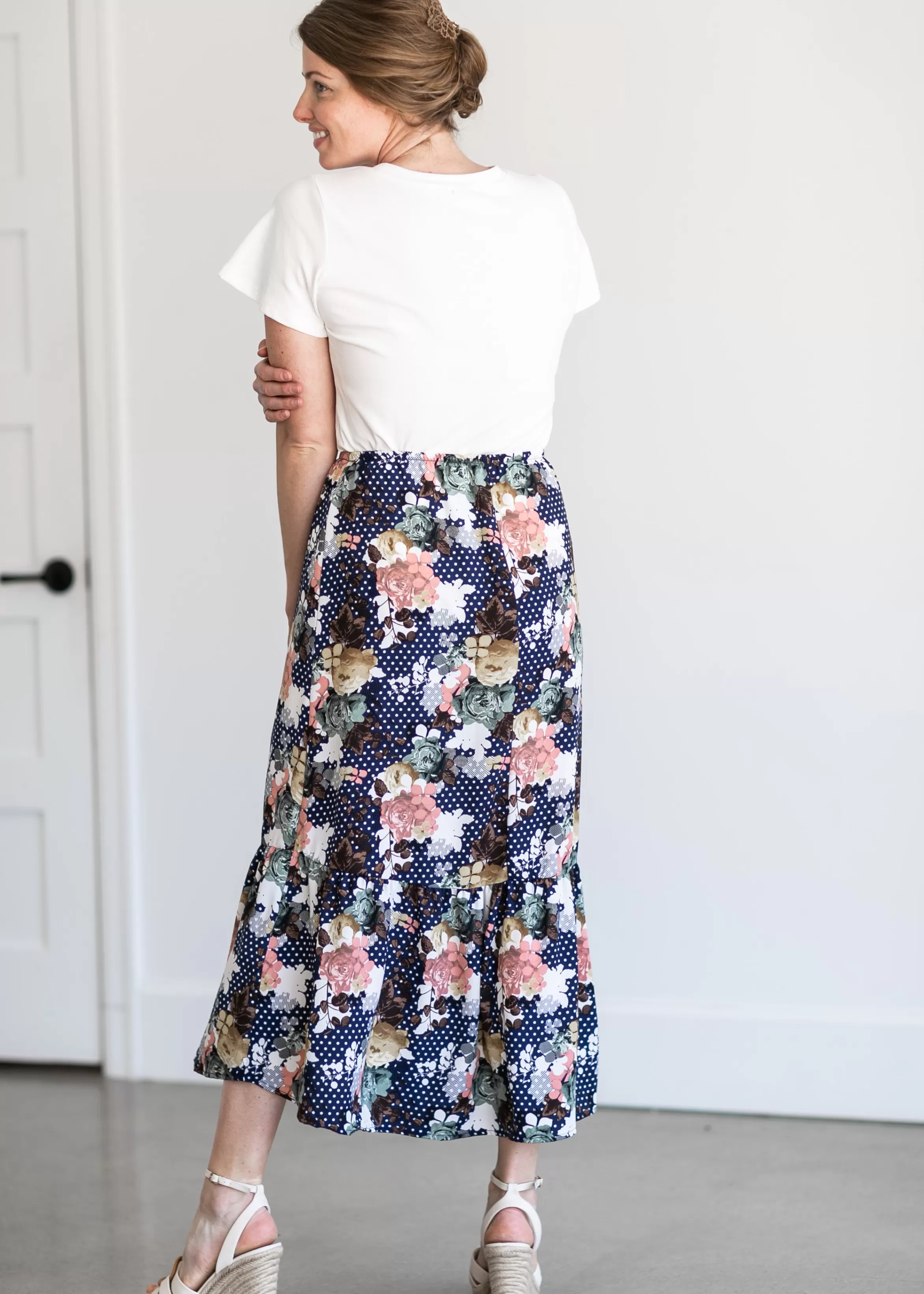 Chris & Carol Apparel Navy Floral And Dot Midi Skirt Store