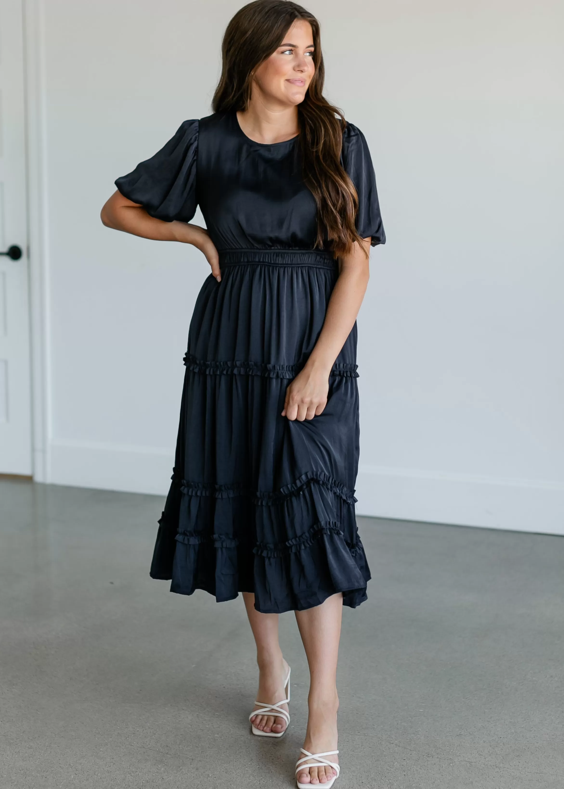 Tea N Rose Navy Ruffle Midi Dress Clearance