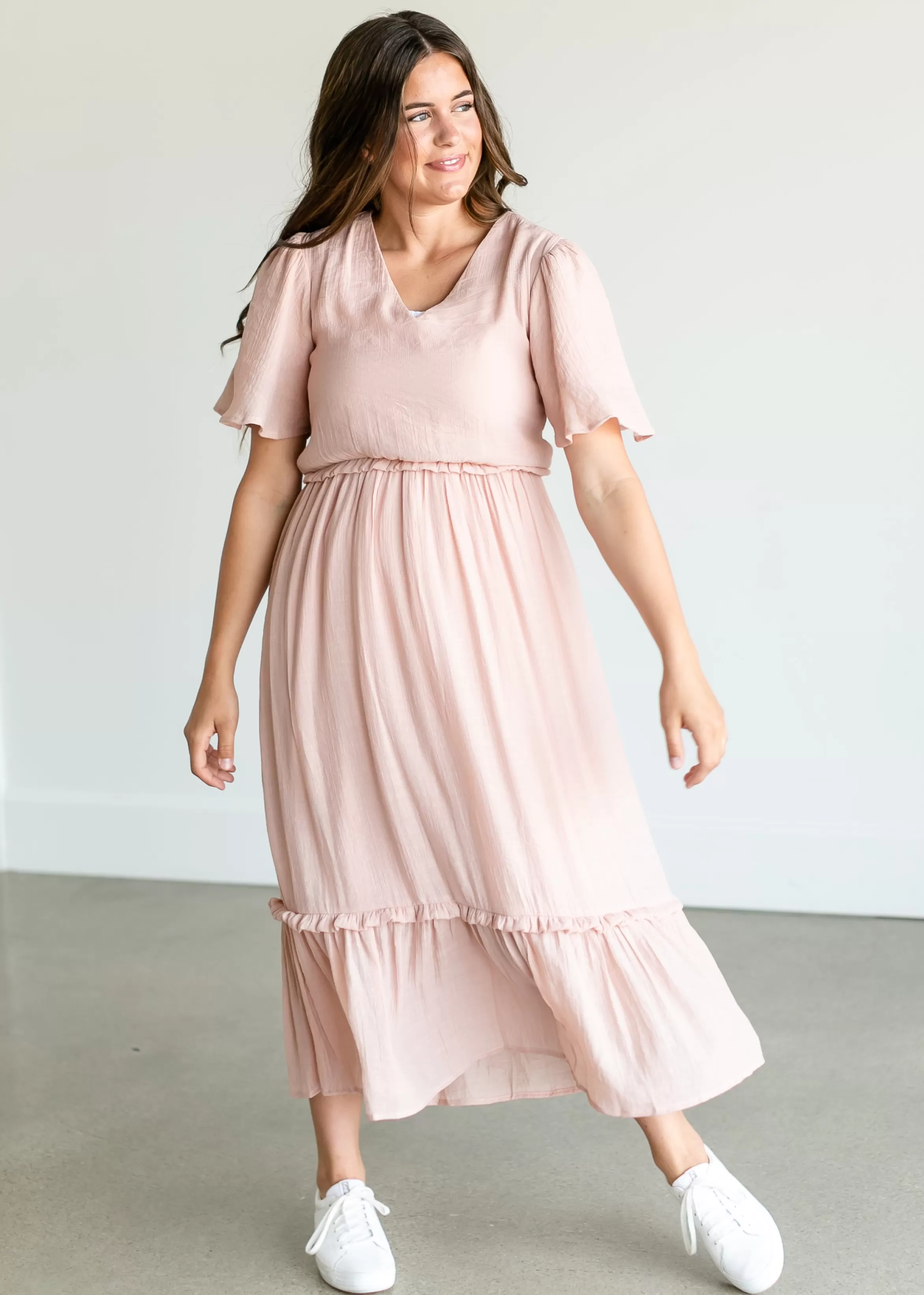 Mikarose Pink V-Neck Ruffle Maxi Dress Cheap