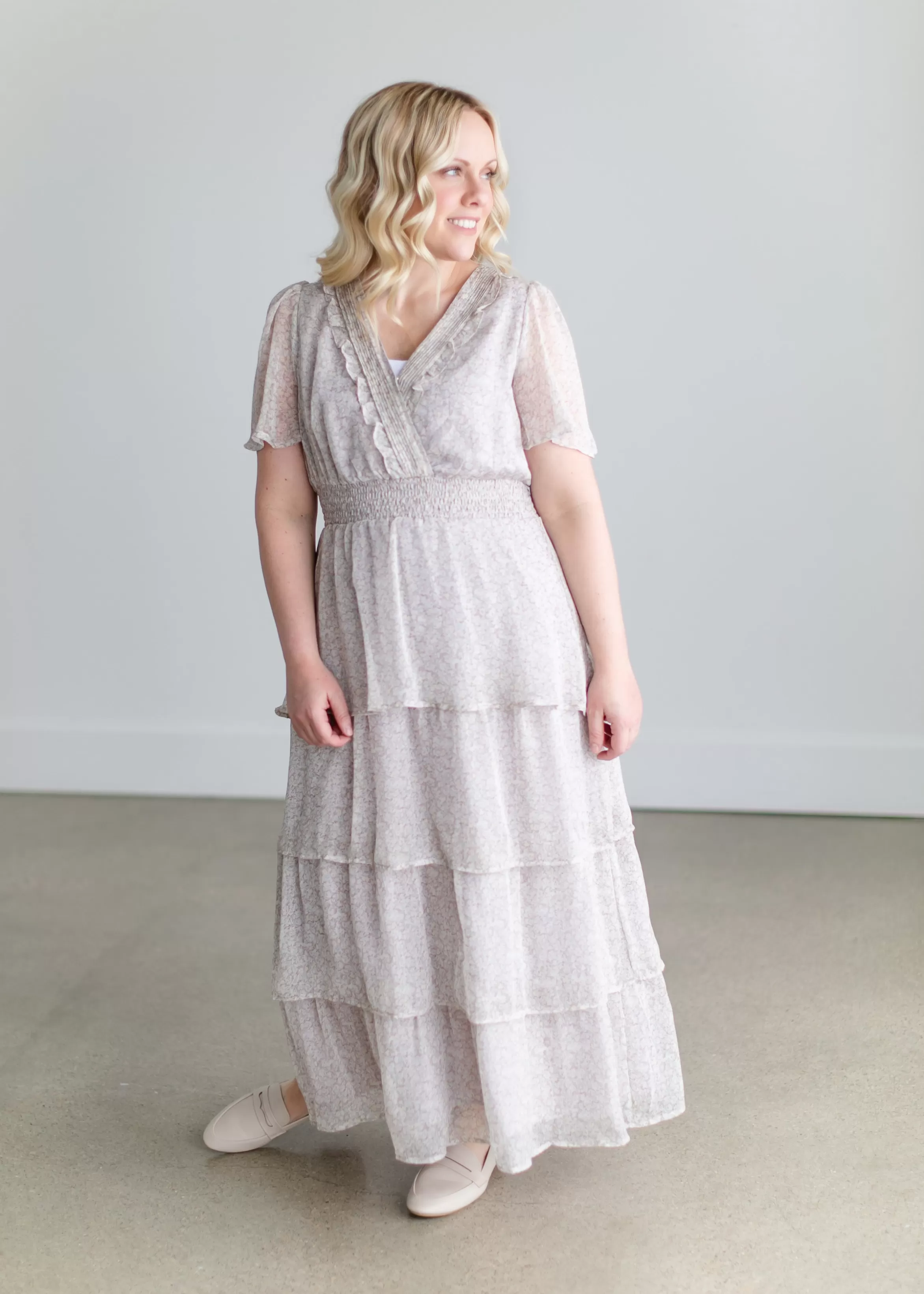 Paper Crane Pintuck Faux Wrap Ruffle Tiered Maxi Dress Flash Sale