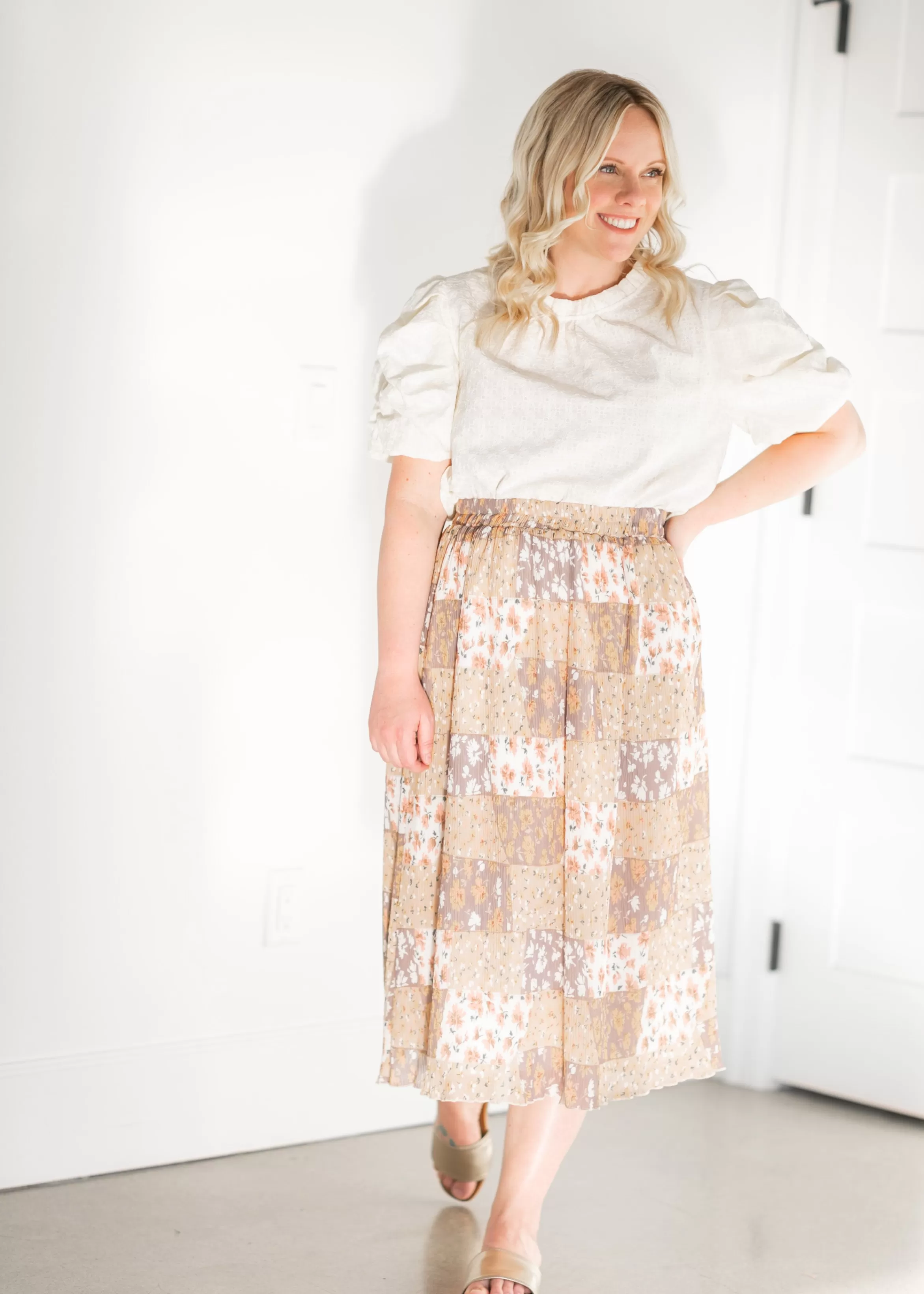 Tea N Rose Pleated Patch Print Midi Skirt Clearance