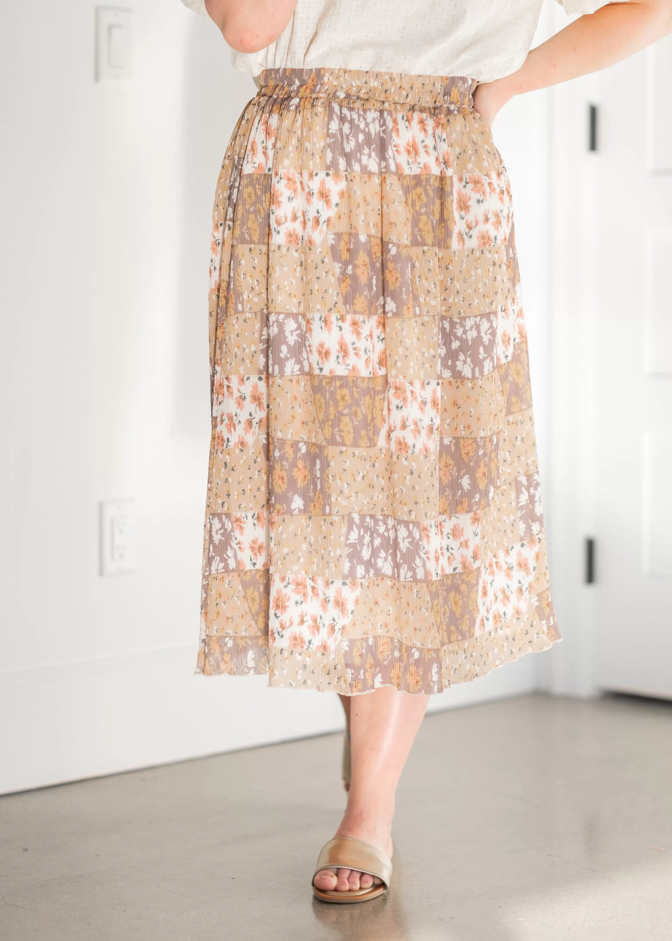 Tea N Rose Pleated Patch Print Midi Skirt Clearance