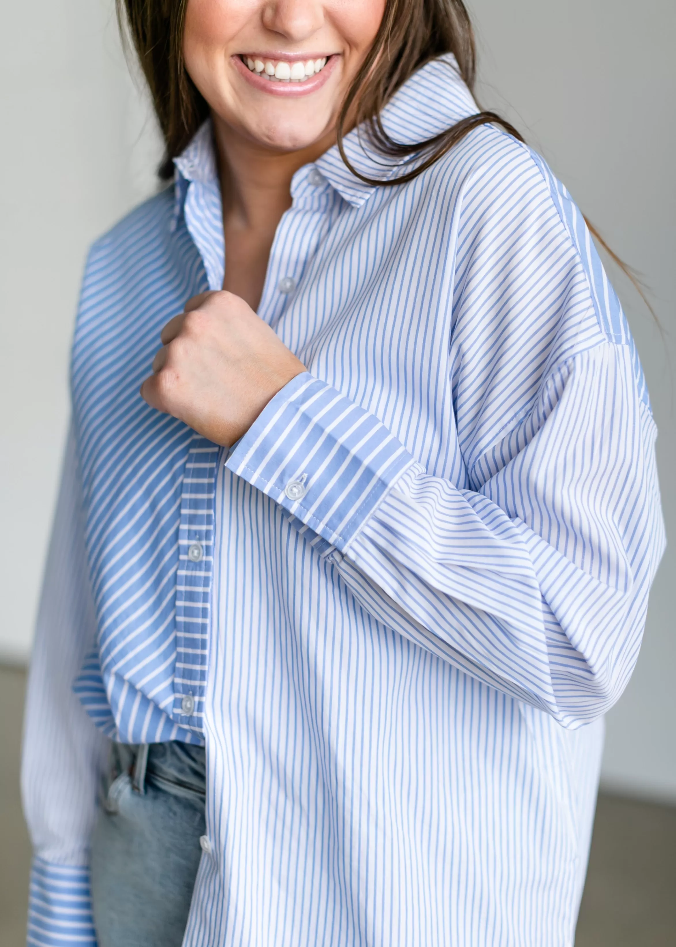 Steve Madden Poppy Blue Multi Striped Button Down Top Best