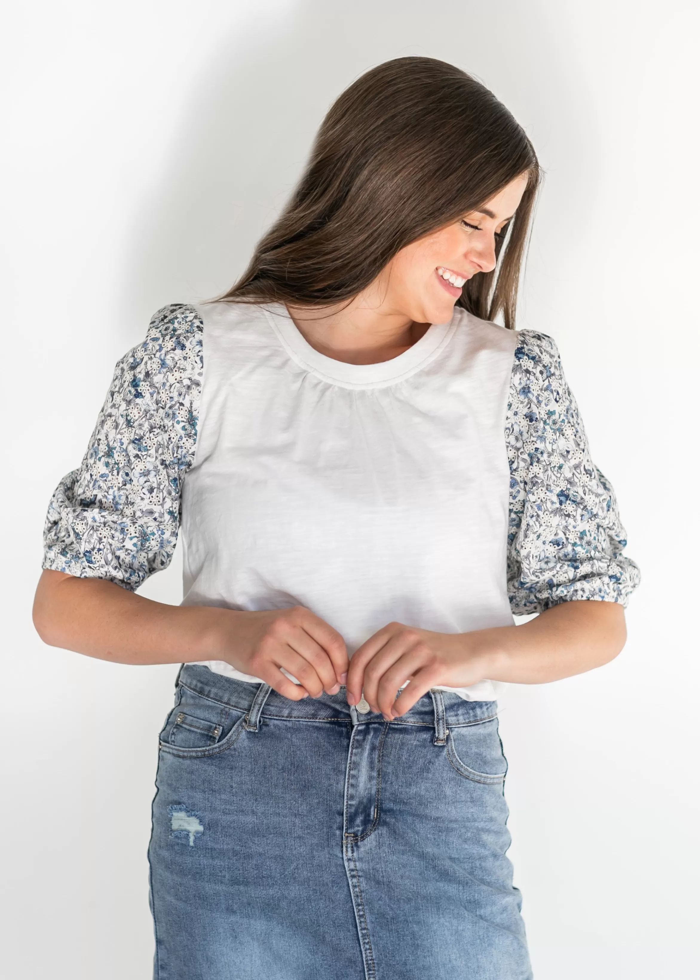 VOY Printed Eyelet Puff Sleeve Knit Top Best