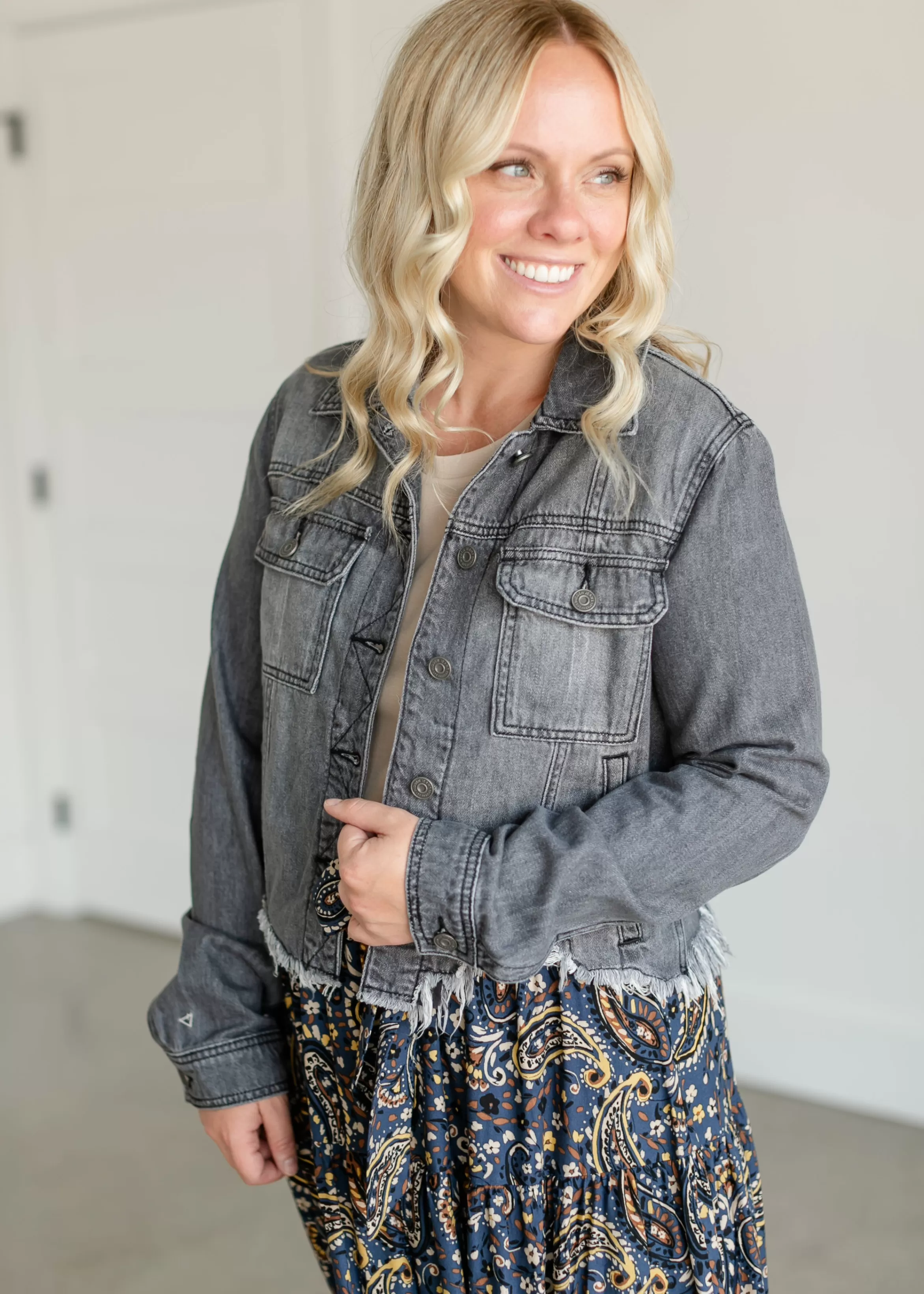 Hidden Rebel Gray Frayed Denim Jacket Cheap