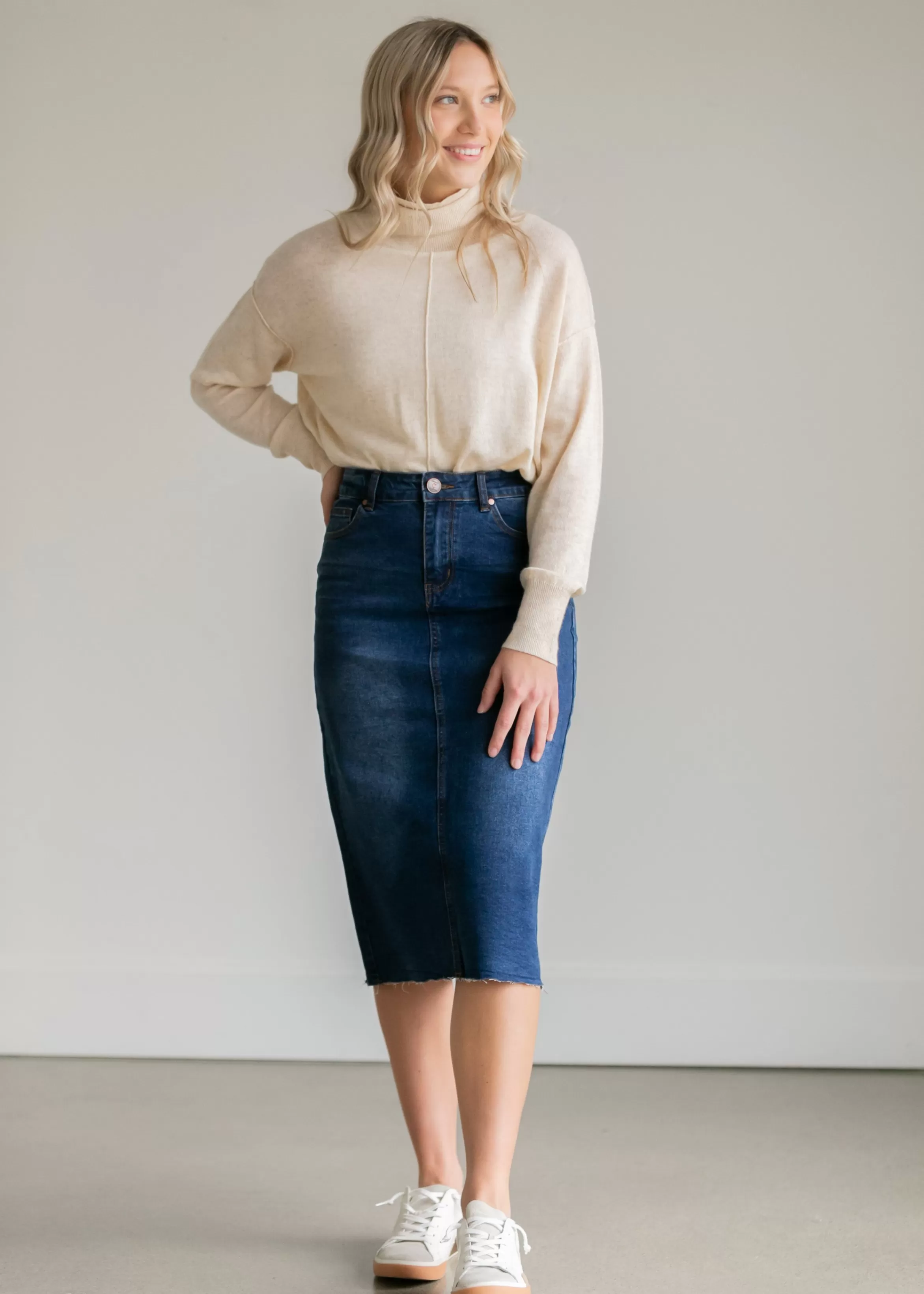 * Remi Raw Hem Dark Denim Midi Skirt Outlet