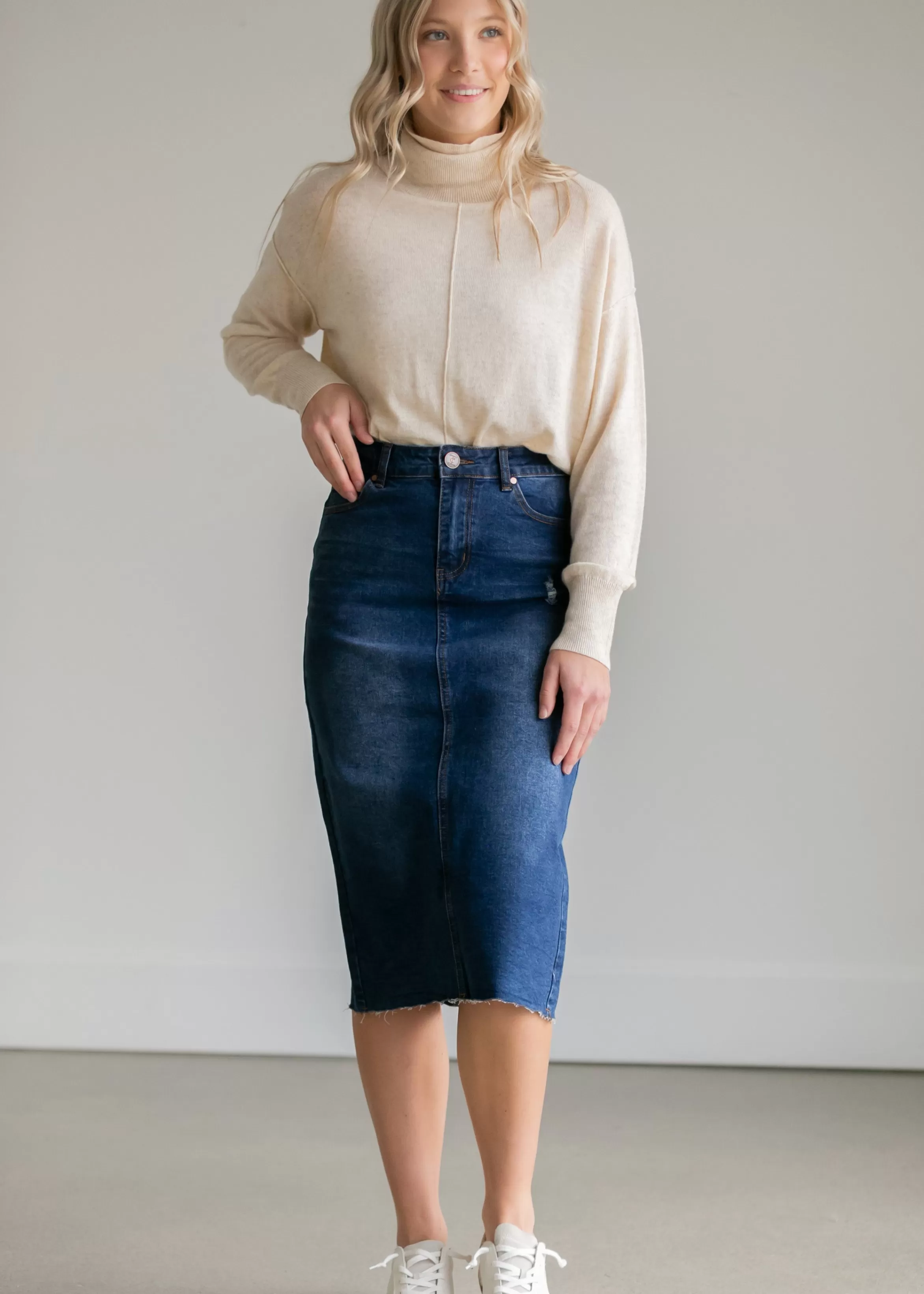 * Remi Raw Hem Dark Denim Midi Skirt Outlet