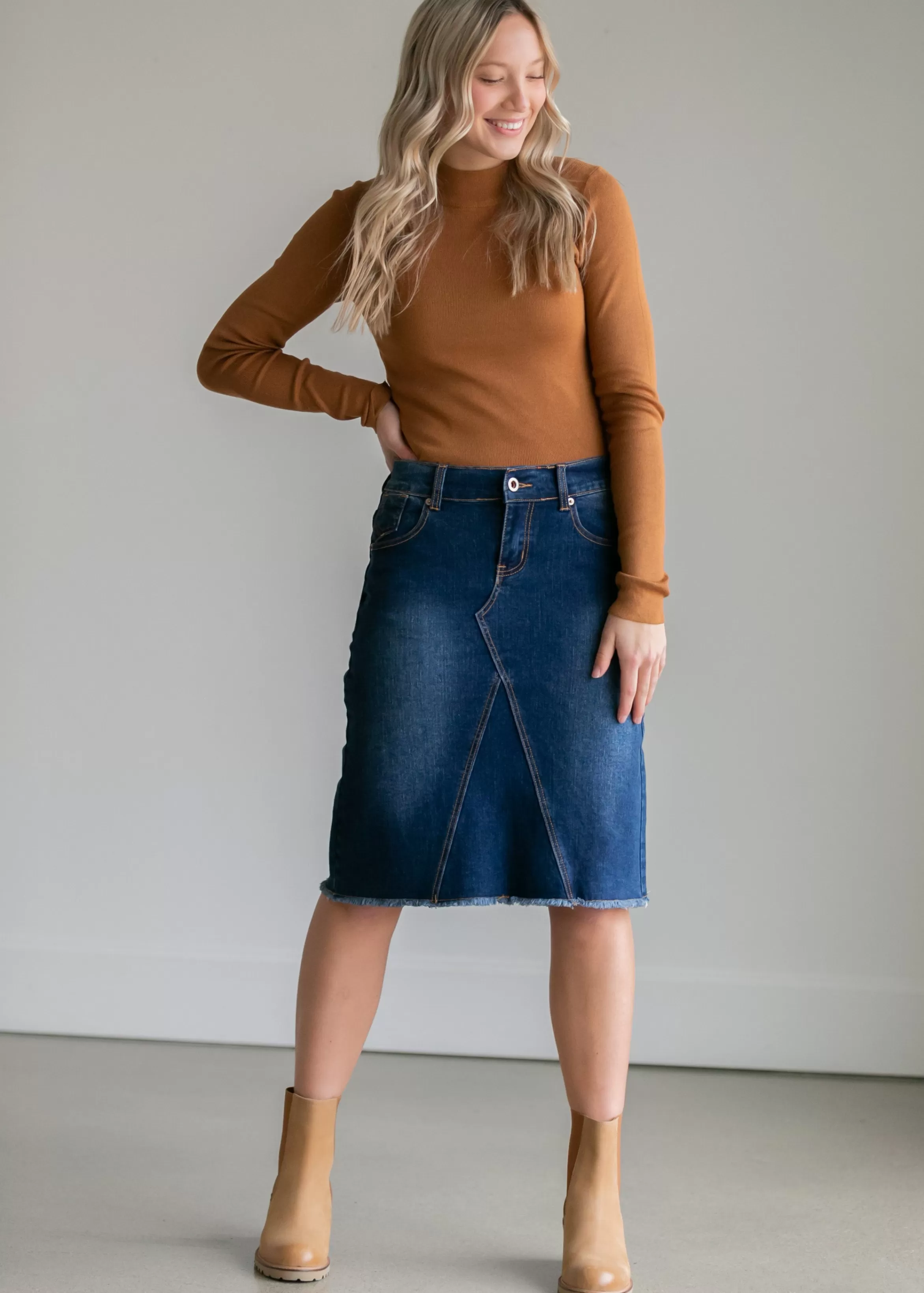 * Riley Frayed Hem Denim Midi Skirt Outlet