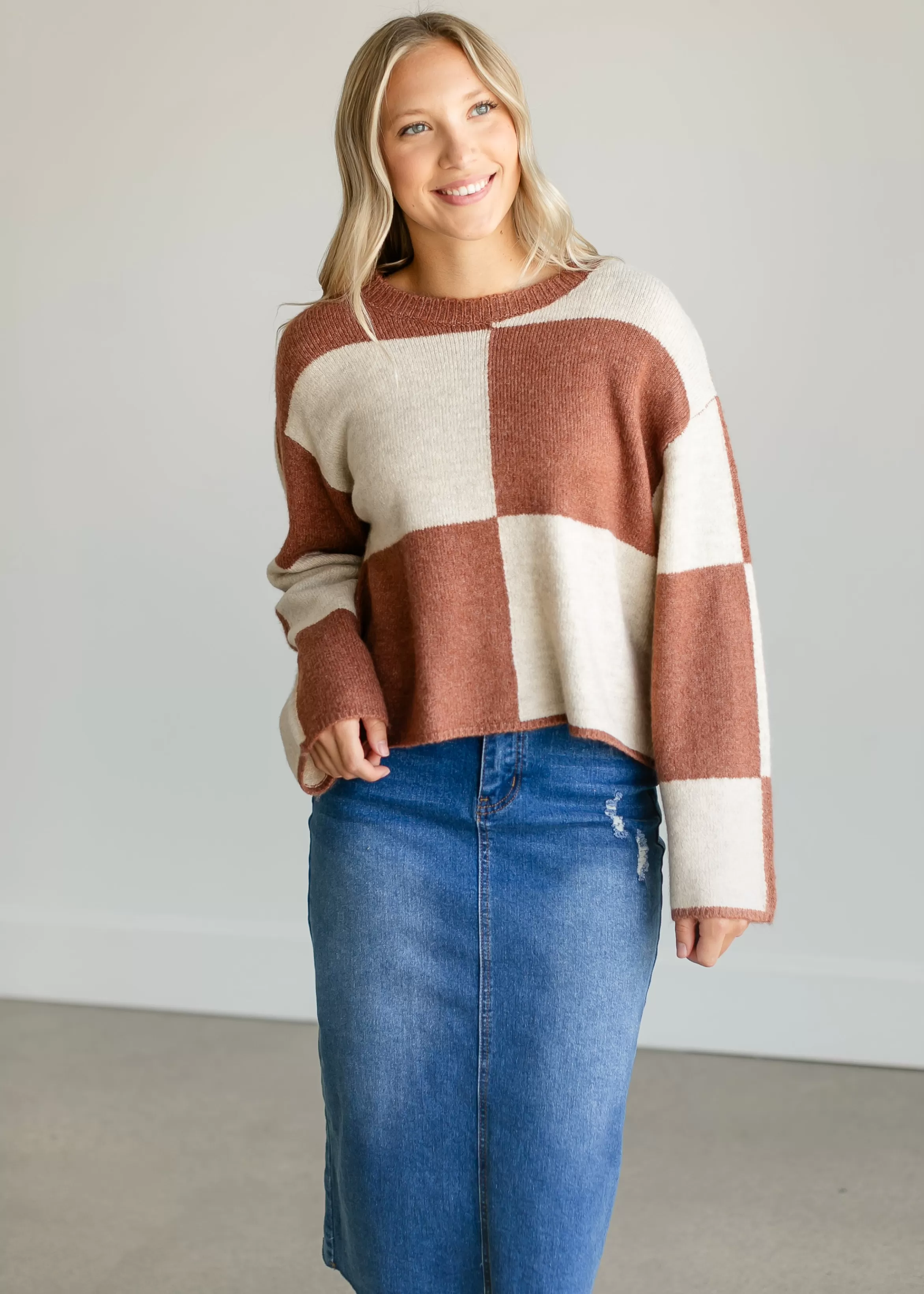 Z Supply Rosi Checkered Bell Sleeve Sweater Clearance