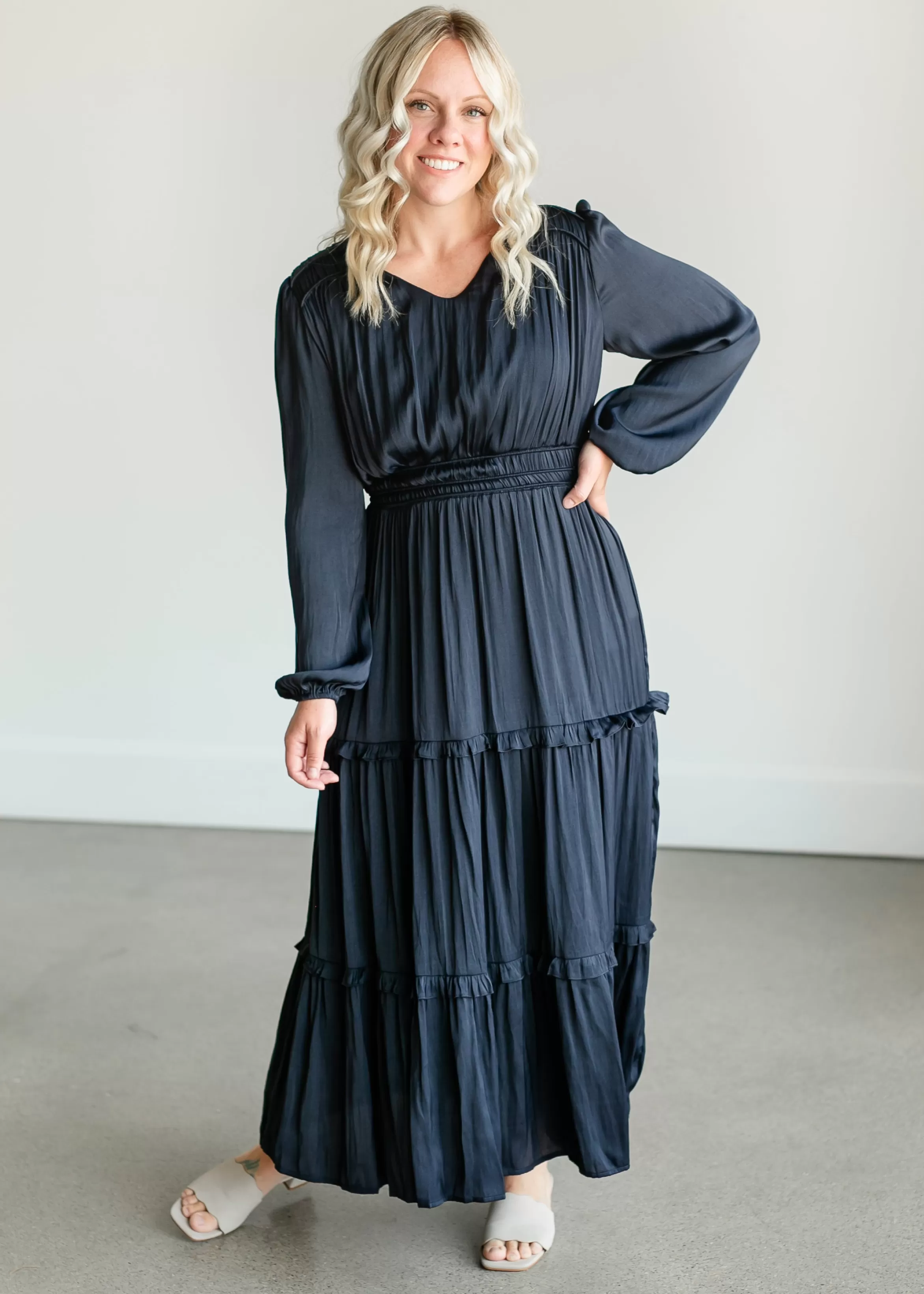 Tea N Rose Ruffle Long Sleeve Satin Maxi Dress Outlet