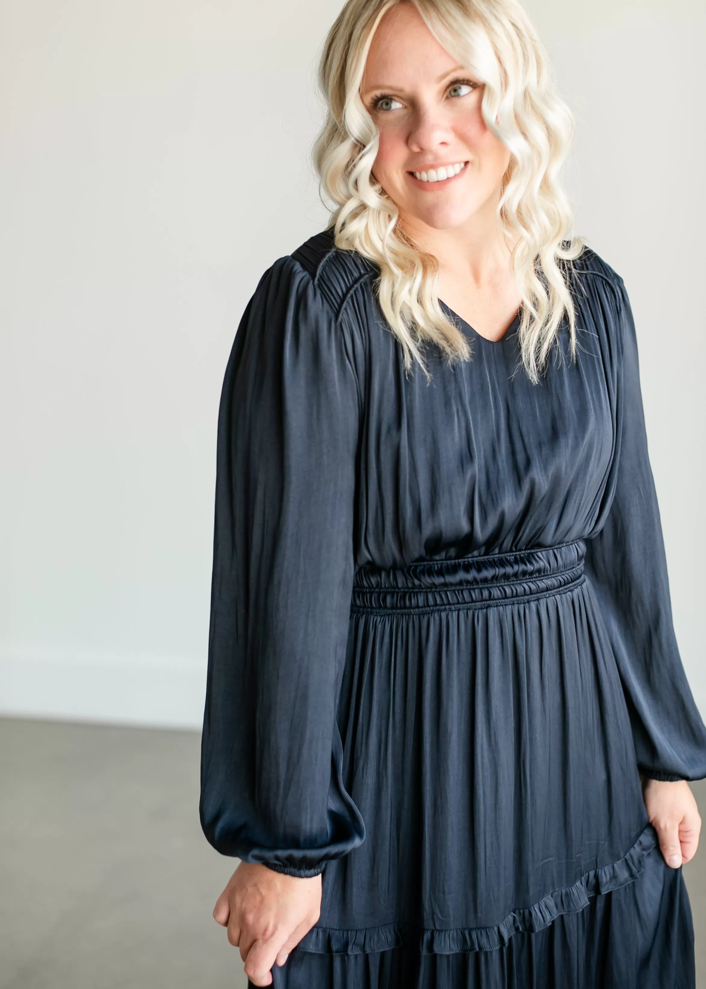 Tea N Rose Ruffle Long Sleeve Satin Maxi Dress Outlet