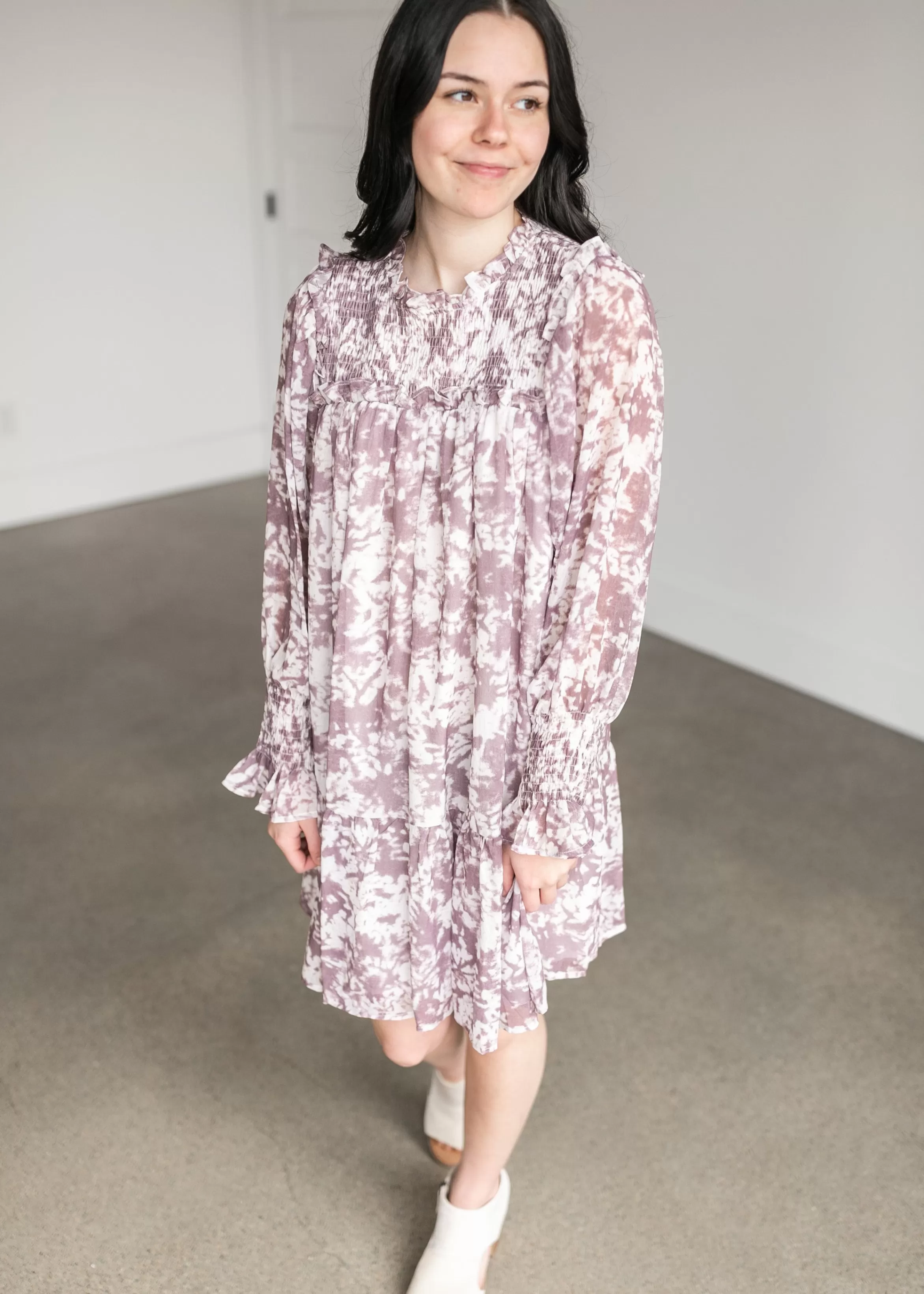 Staccato Ruffle Smocked Neck Watercolor Midi Dress Hot