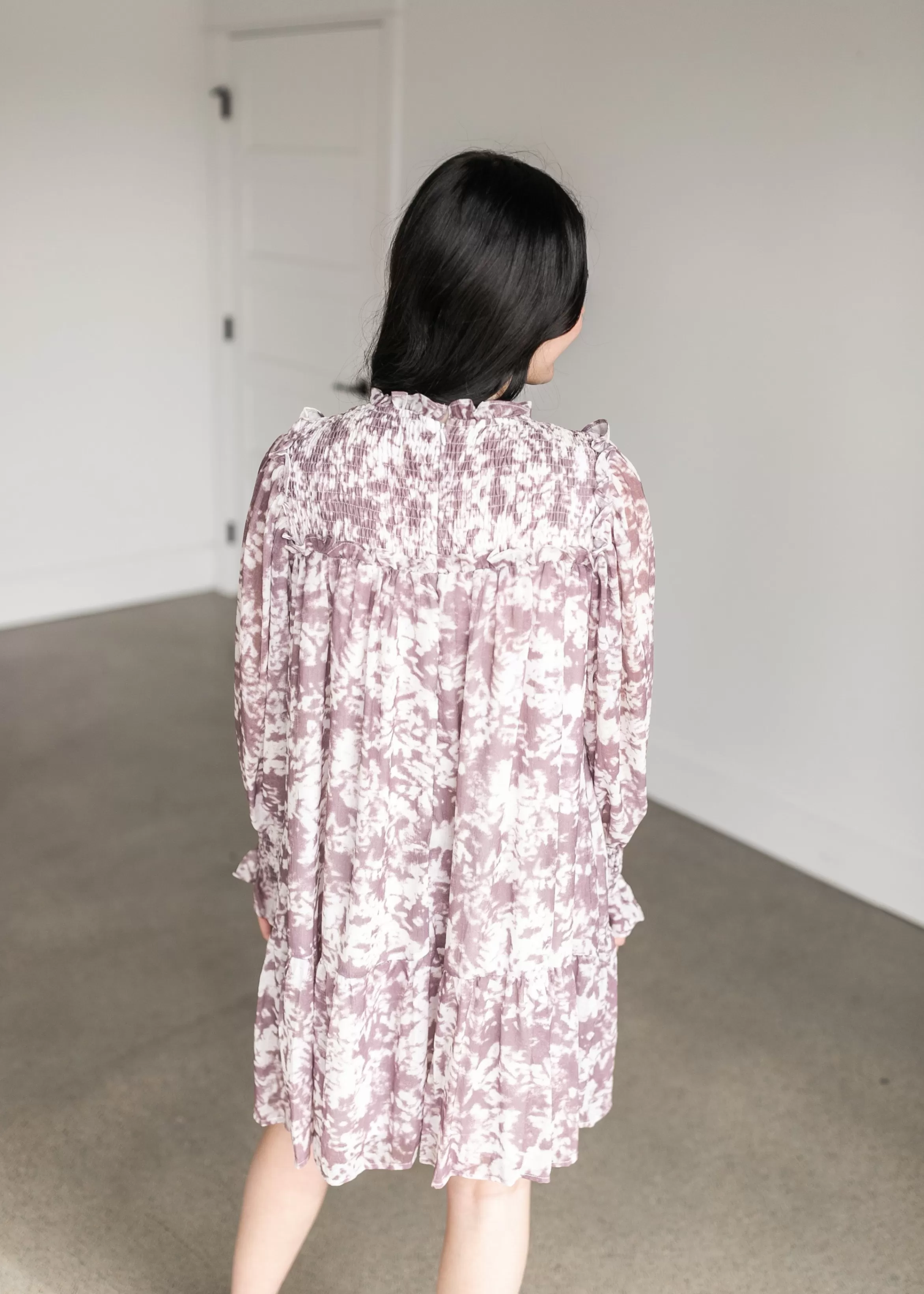 Staccato Ruffle Smocked Neck Watercolor Midi Dress Hot