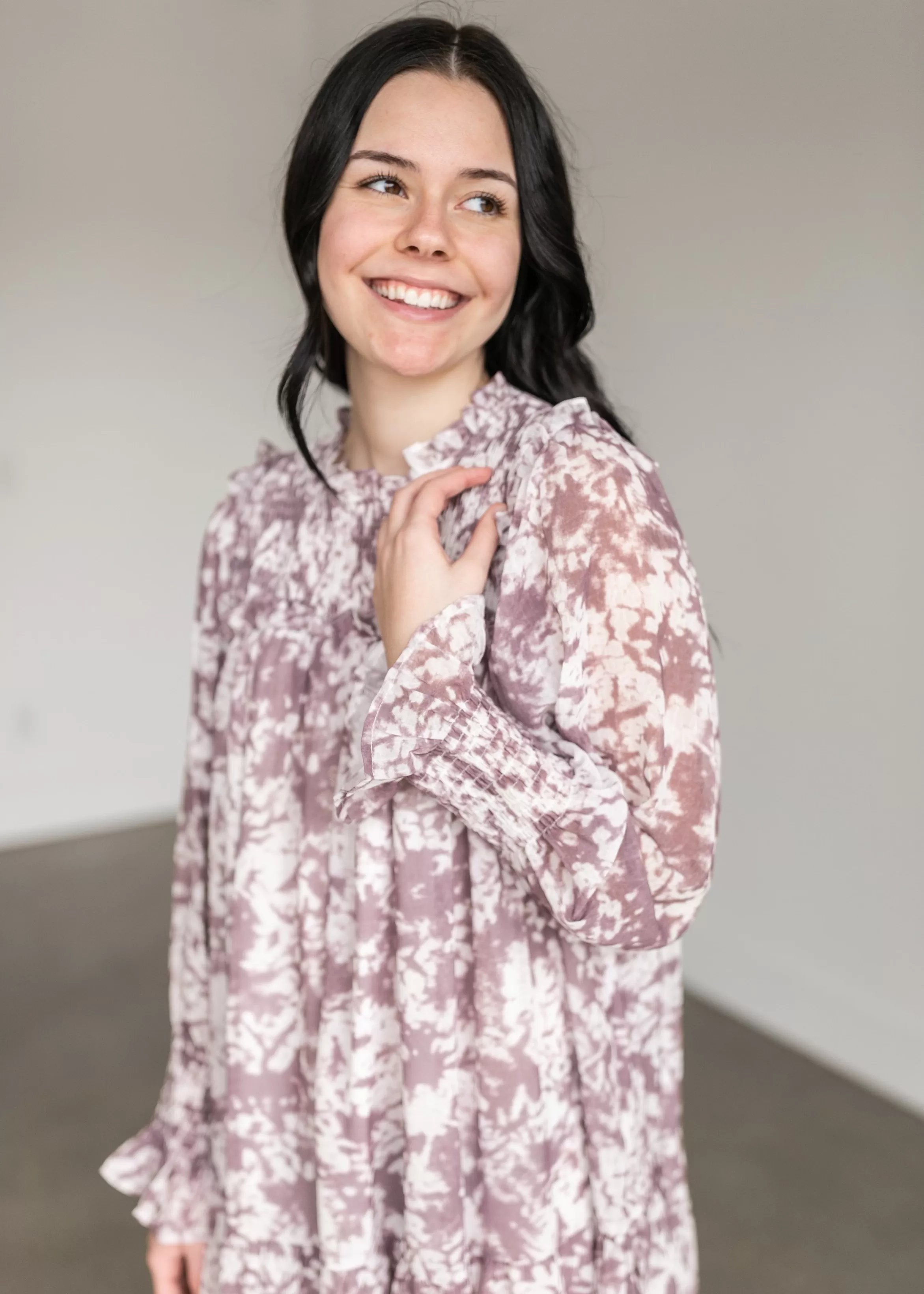 Staccato Ruffle Smocked Neck Watercolor Midi Dress Hot
