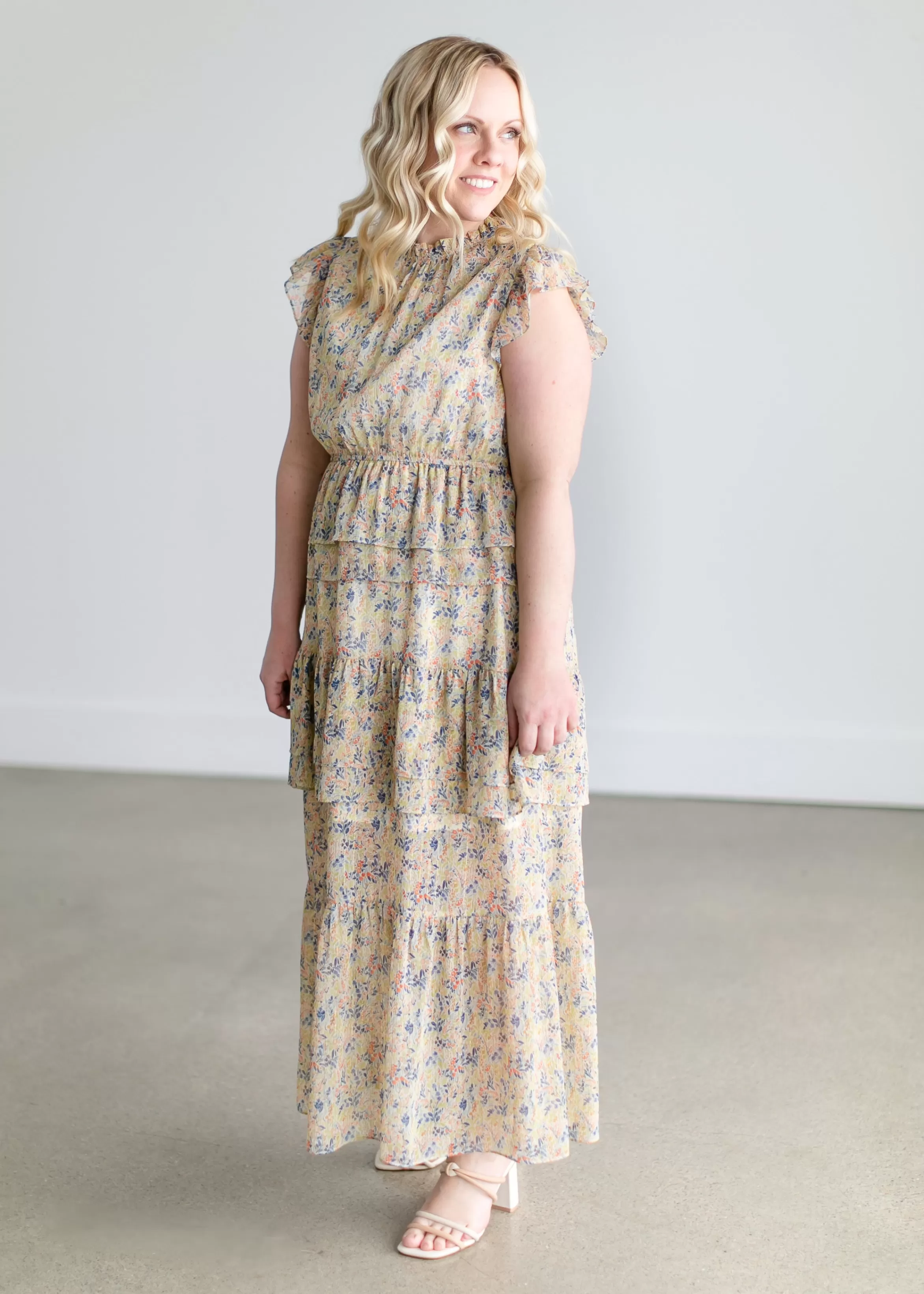 THML Ruffle Tiered Floral Gold Maxi Dress Cheap