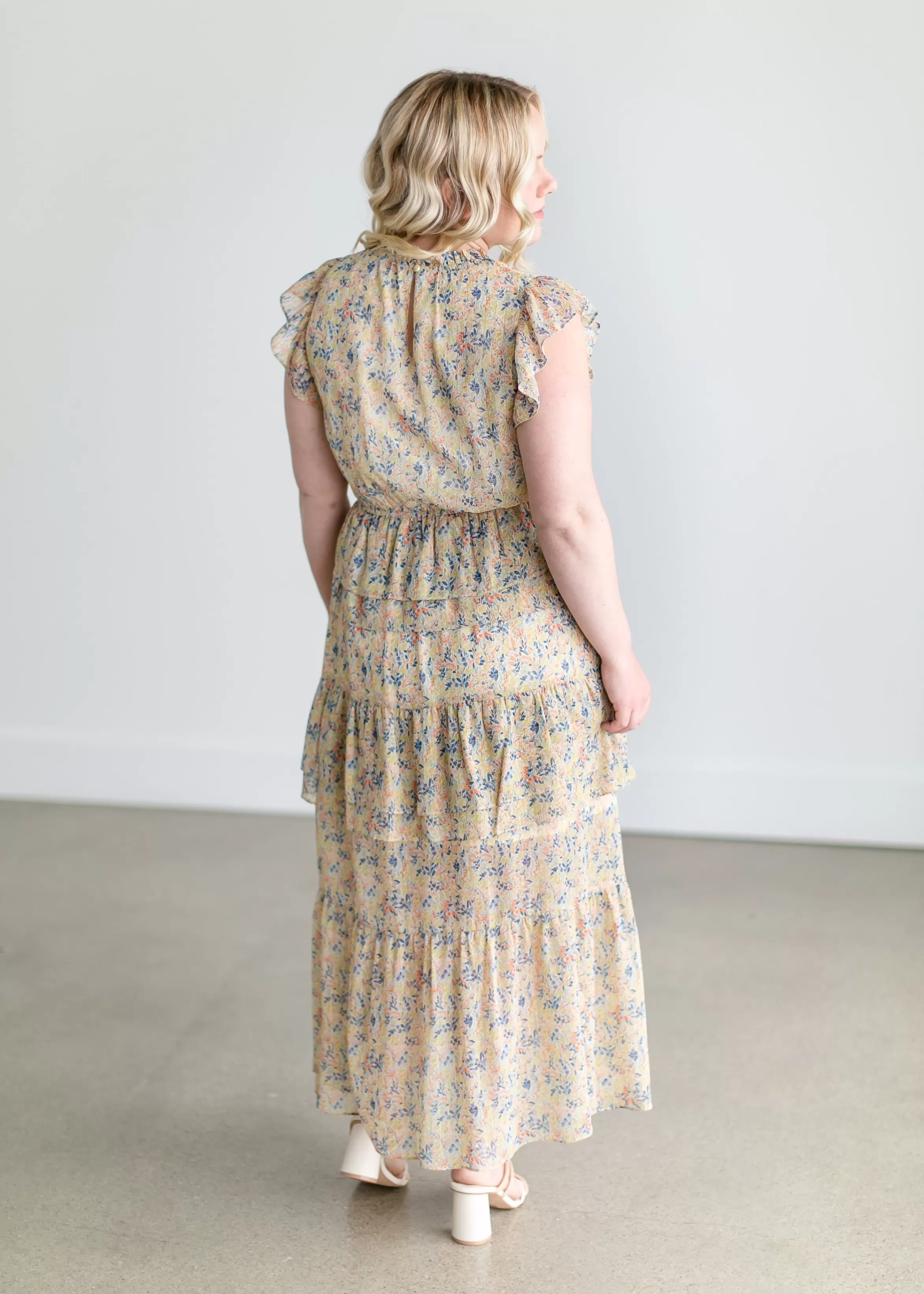 THML Ruffle Tiered Floral Gold Maxi Dress Cheap