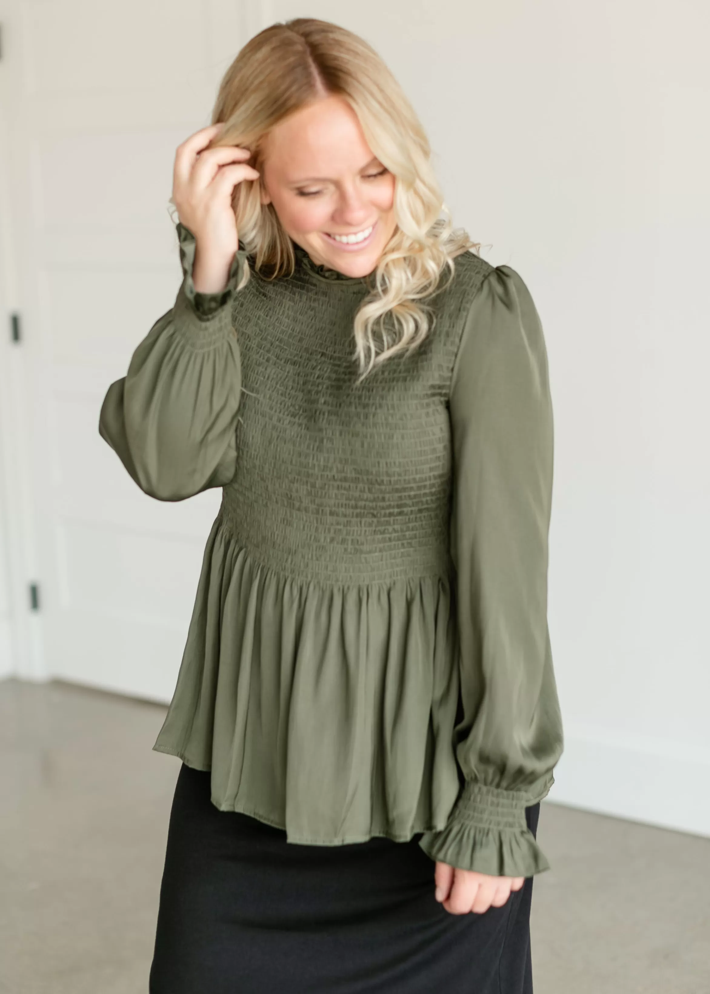 Tea N Rose Satin Smocked Peplum Top Hot