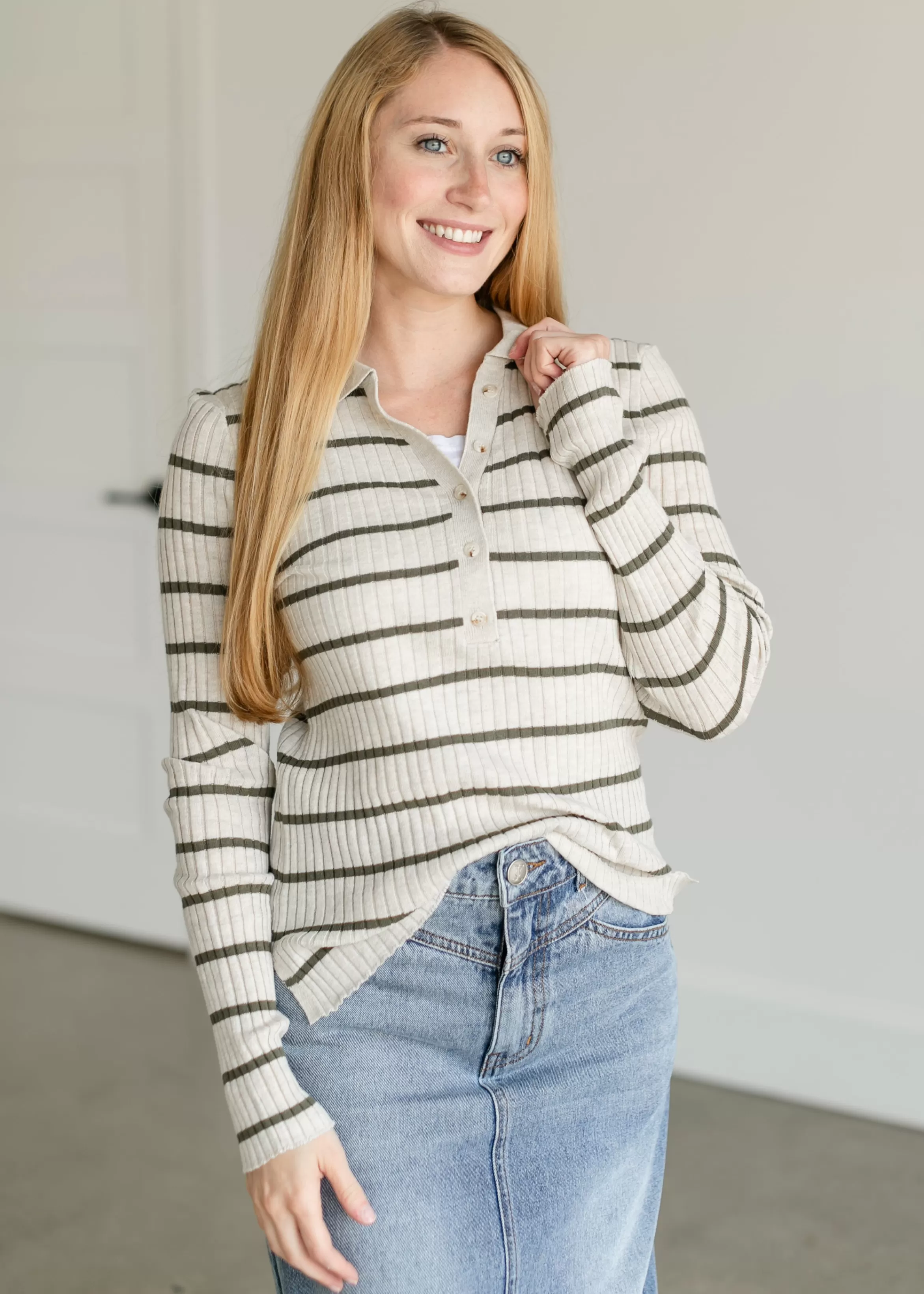 Thread & Supply Savannah Ribbed Striped Polo Top Cheap