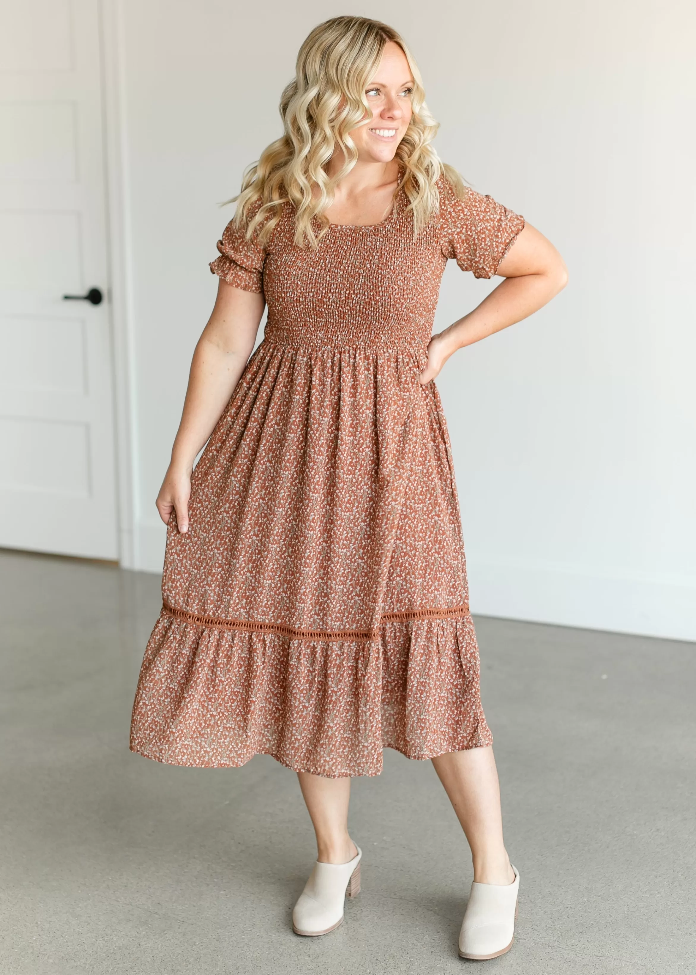 Mikarose Short Sleeve Floral Smocked Midi Dress Shop