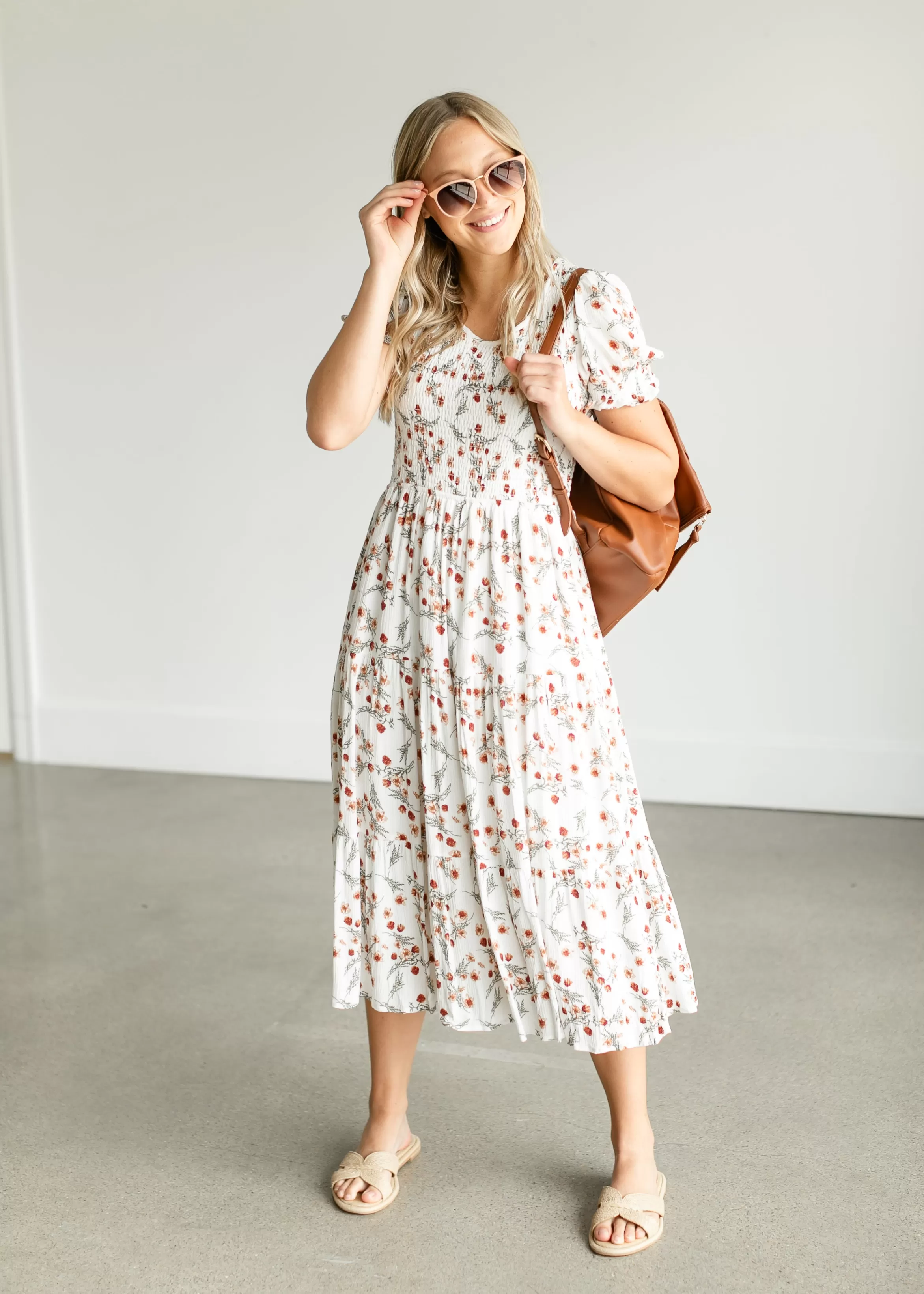 Mikarose Smocked Floral Short Sleeve Midi Dress Cheap