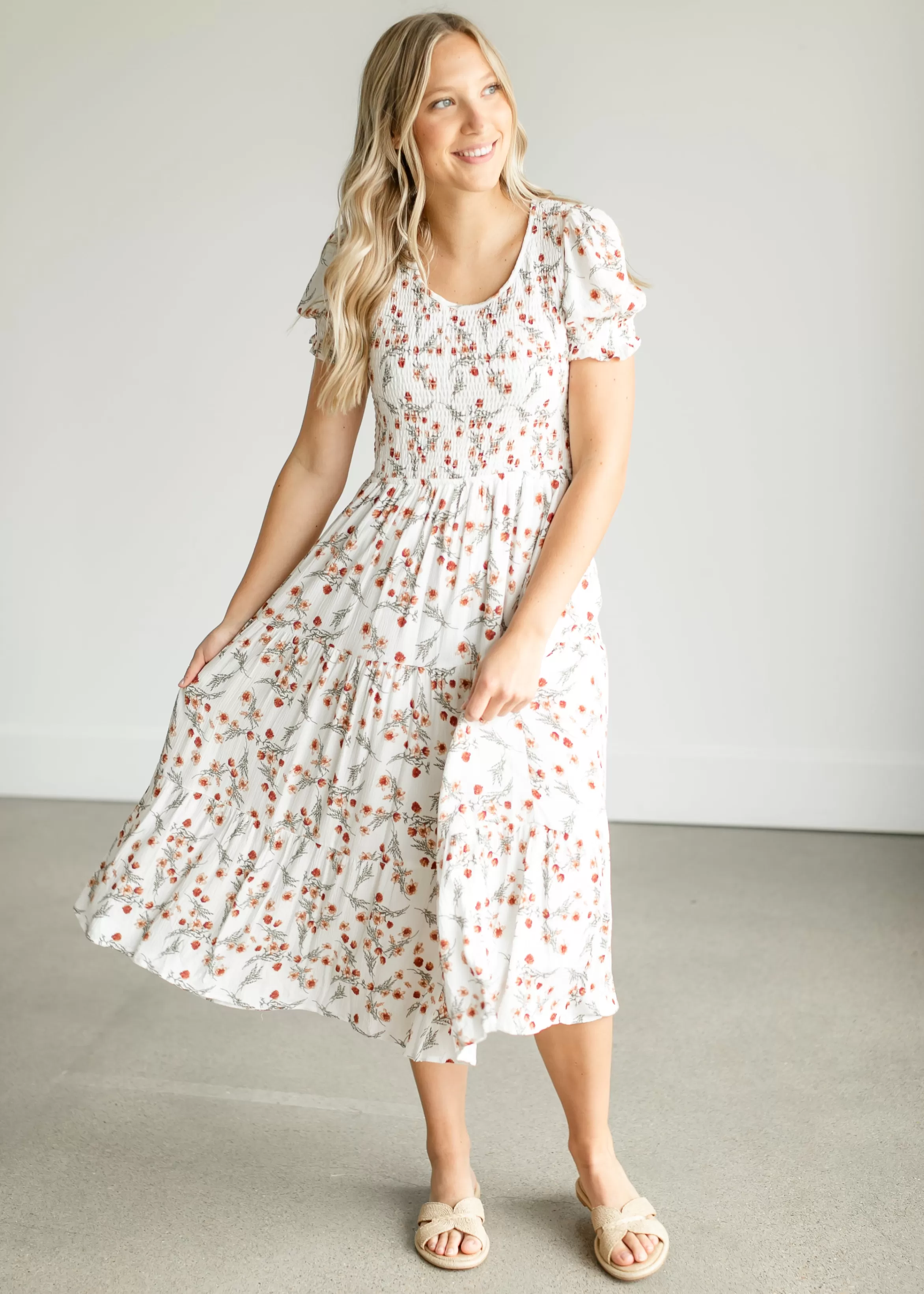 Mikarose Smocked Floral Short Sleeve Midi Dress Cheap