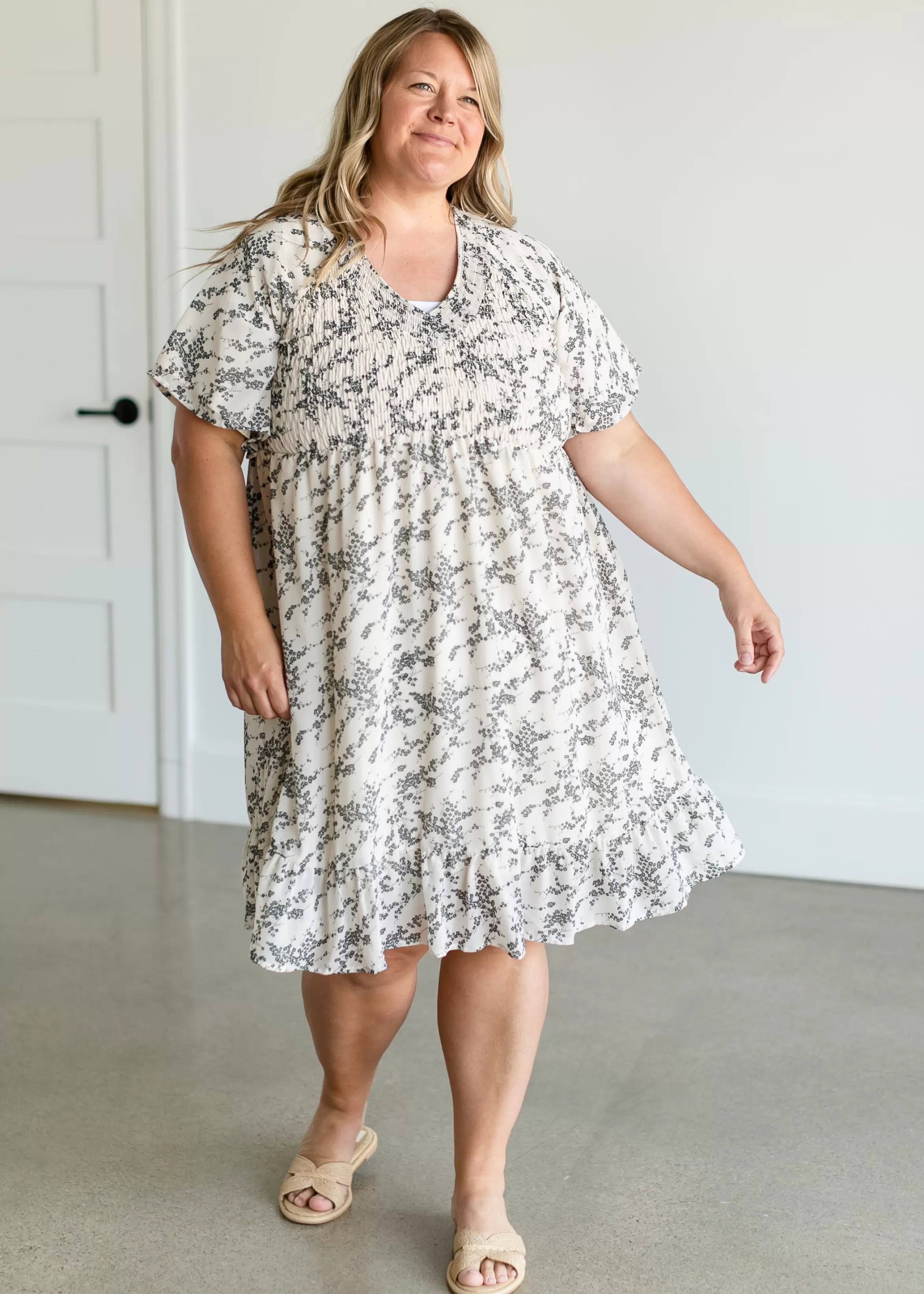 Mikarose Smocked V-Neck Floral Midi Dress Clearance