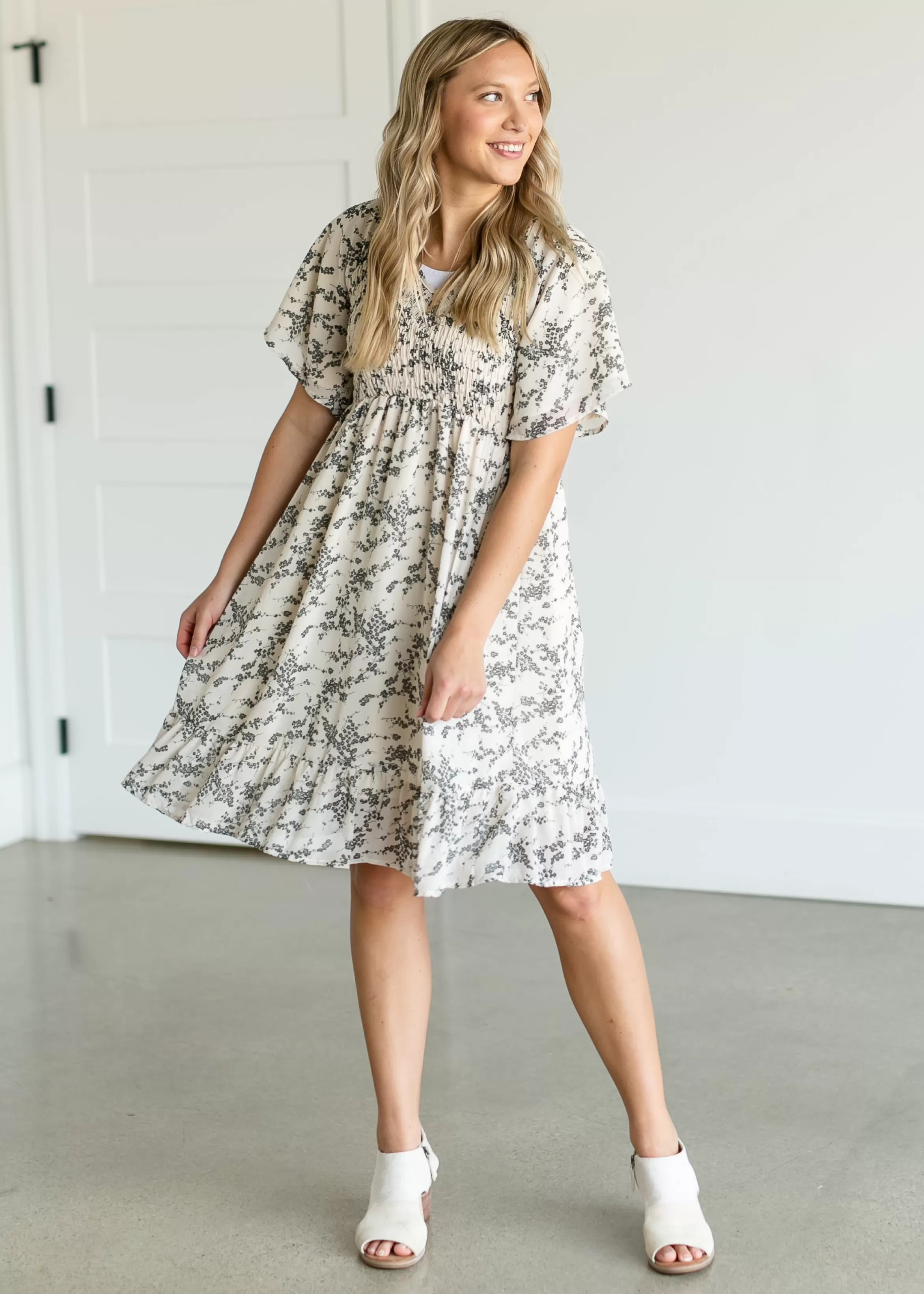 Mikarose Smocked V-Neck Floral Midi Dress Clearance