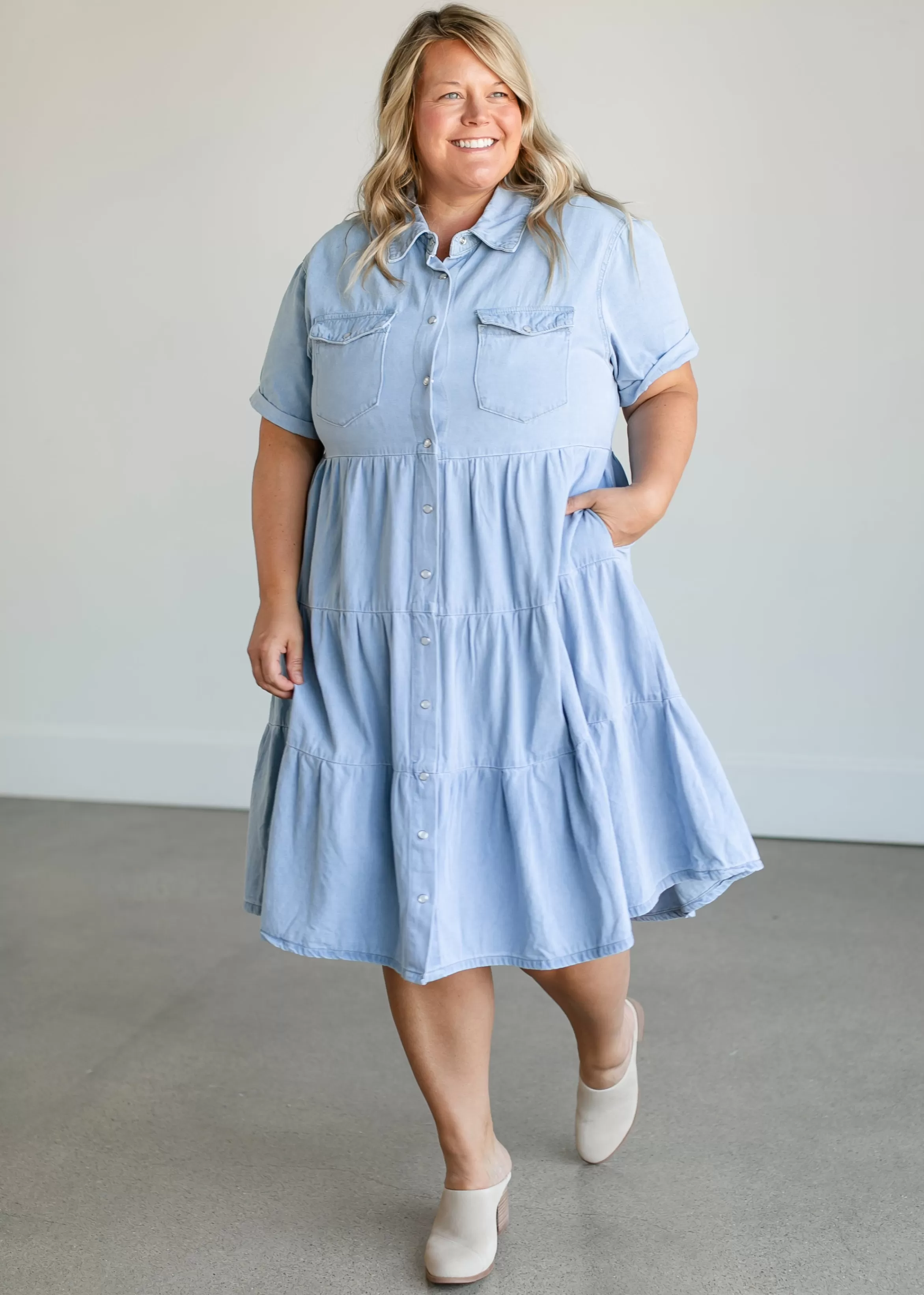 Polagram + BaeVely Snap Up Denim Midi Dress New