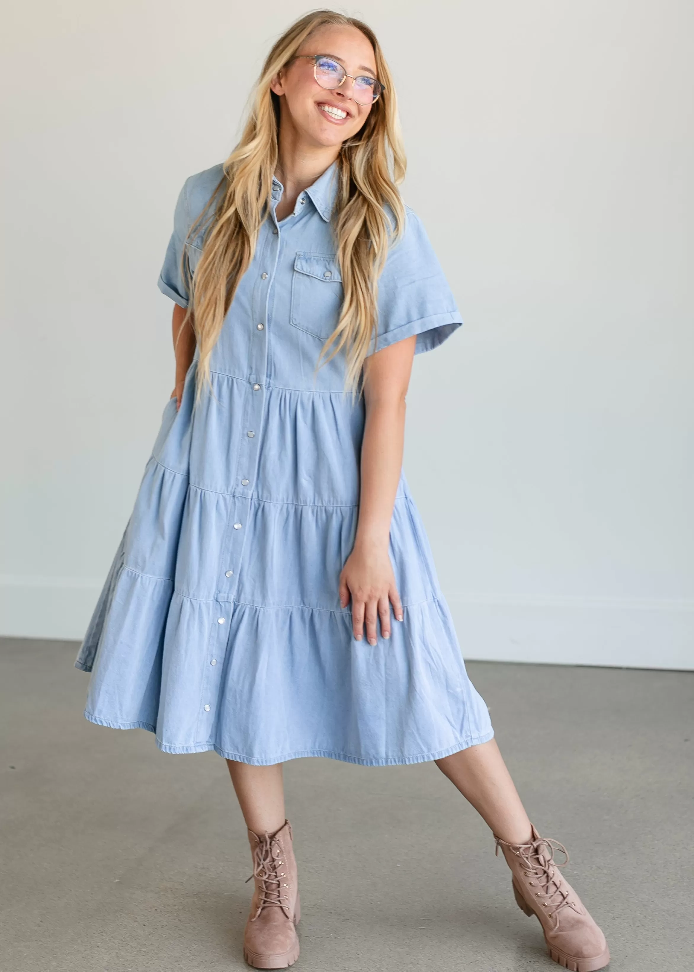 Polagram + BaeVely Snap Up Denim Midi Dress New