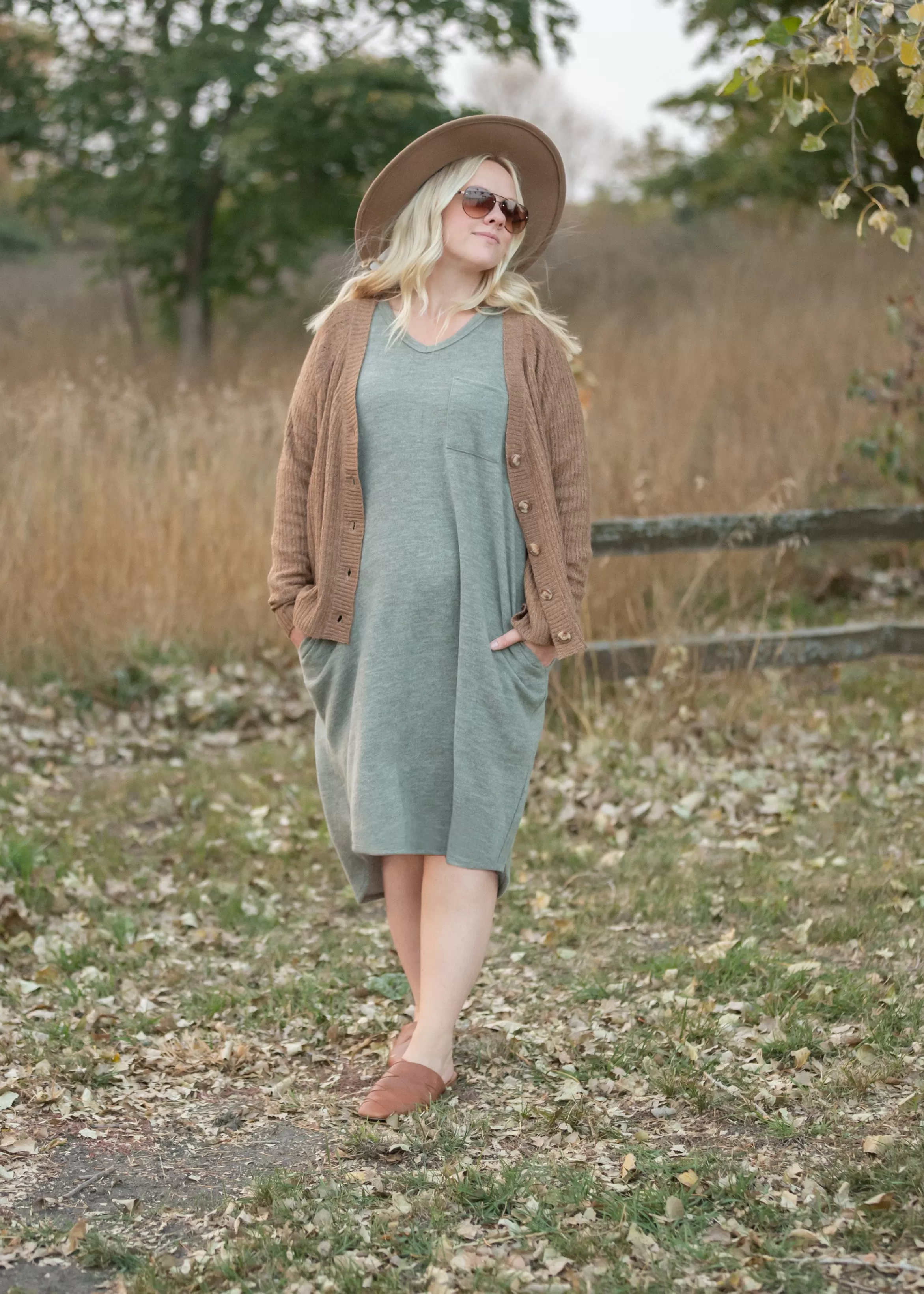 Shopin LA Solid Cozy V Neck Long Sleeve Dress Fashion