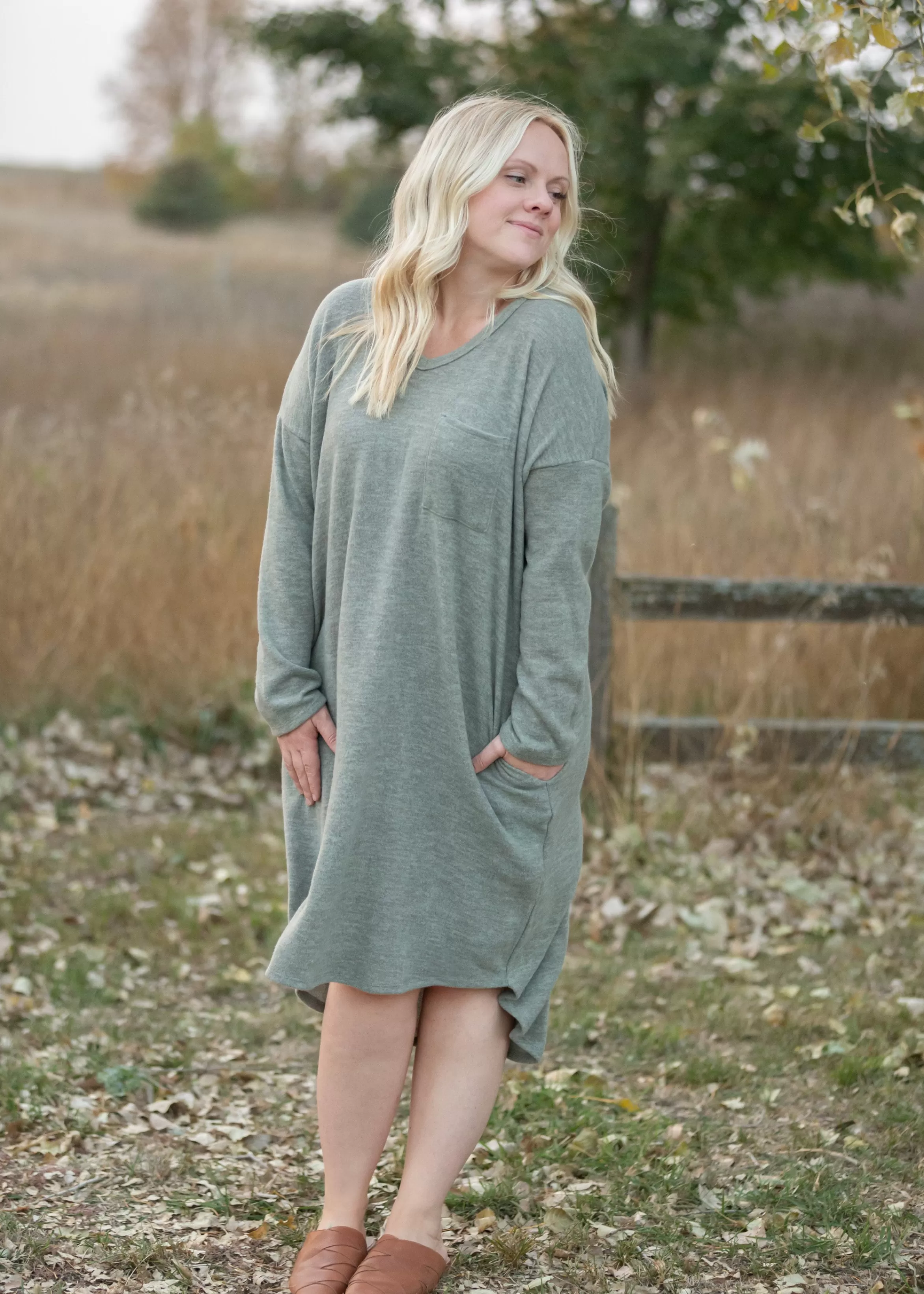 Shopin LA Solid Cozy V Neck Long Sleeve Dress Fashion